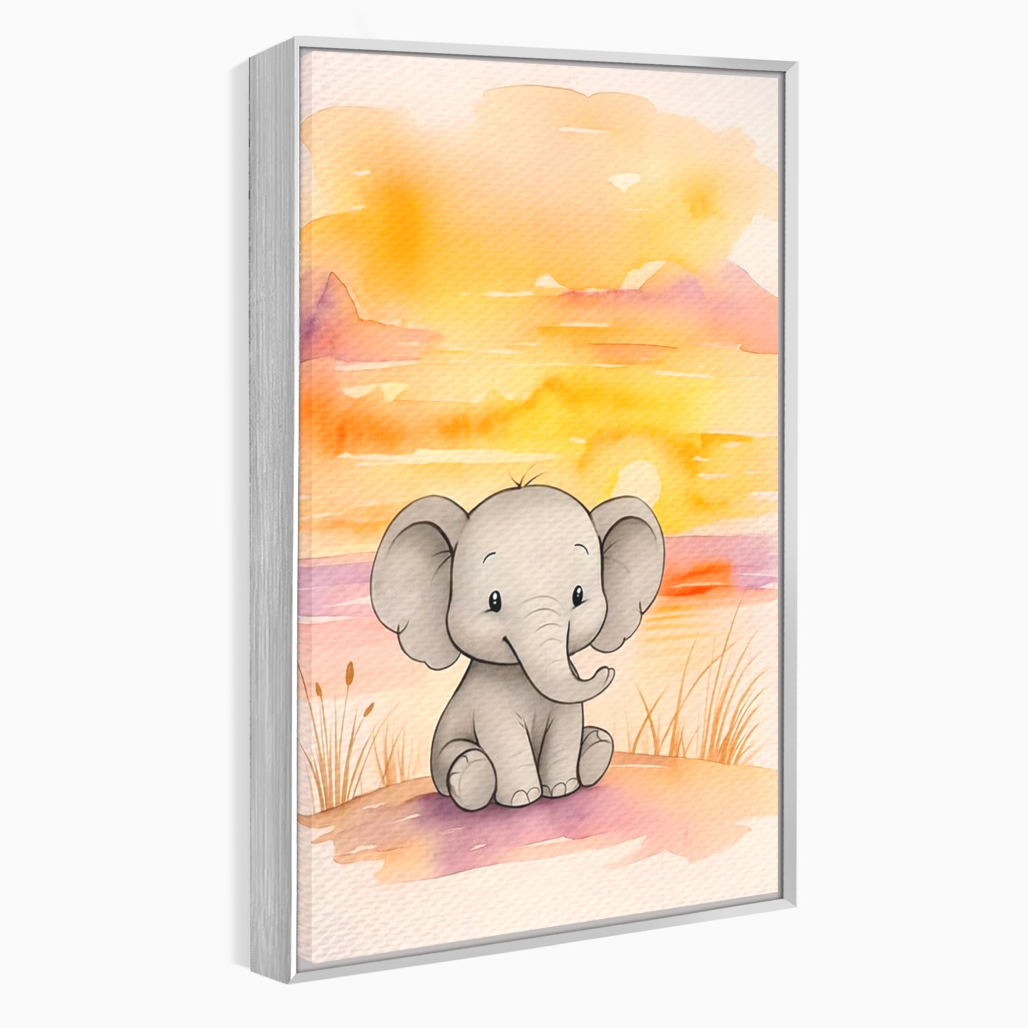 Tablou Canvas Premium, LuxCanva® K1050, Elefantelul de la Apus, Seara, Calda, Savana, Vise, Soare, Zambet, Urechi, Inima, Blanda, Portocaliu, Liliac, Acuarela, Camera Copil, Dormitor