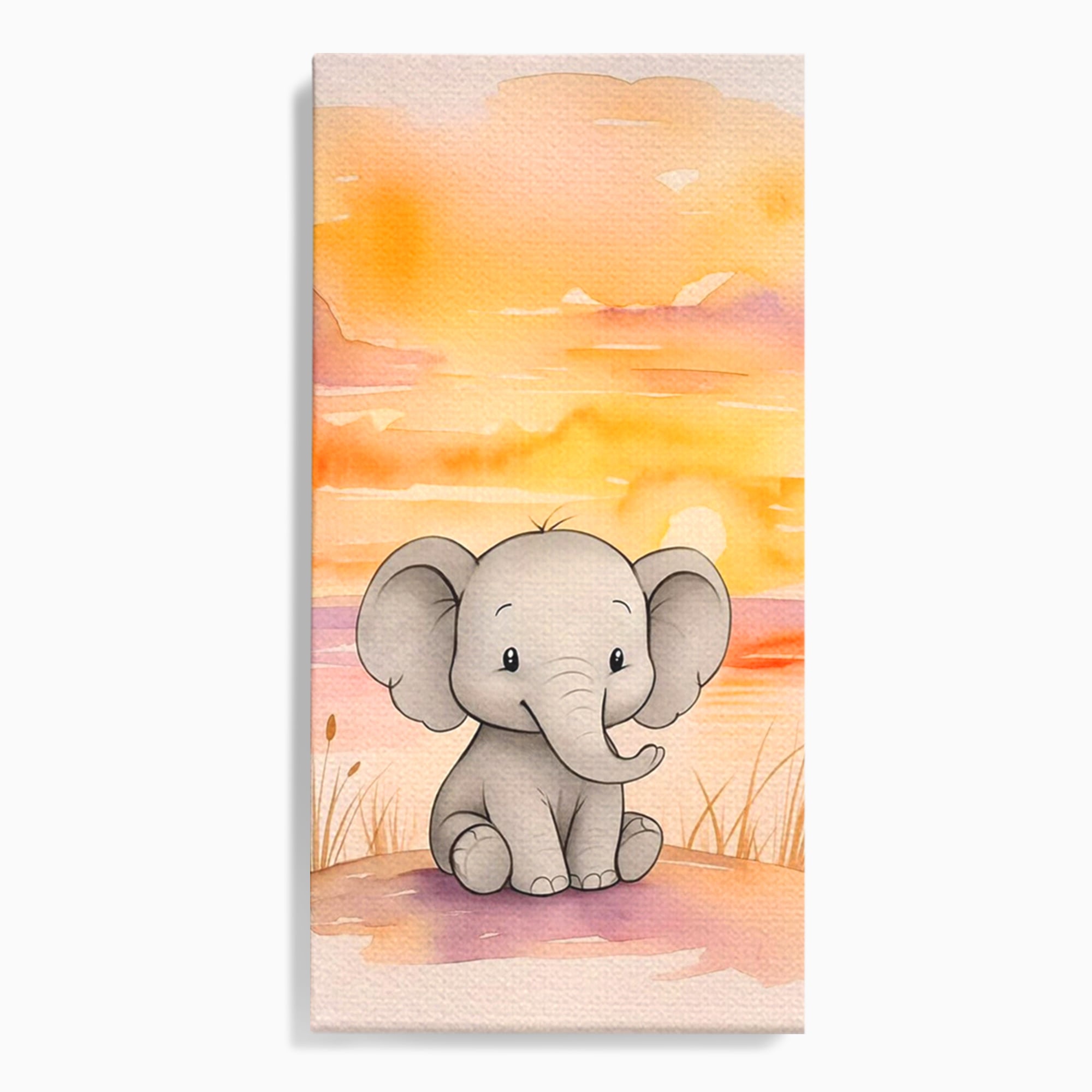 Tablou Canvas Premium, LuxCanva® K1050, Elefantelul de la Apus, Seara, Calda, Savana, Vise, Soare, Zambet, Urechi, Inima, Blanda, Portocaliu, Liliac, Acuarela, Camera Copil, Dormitor