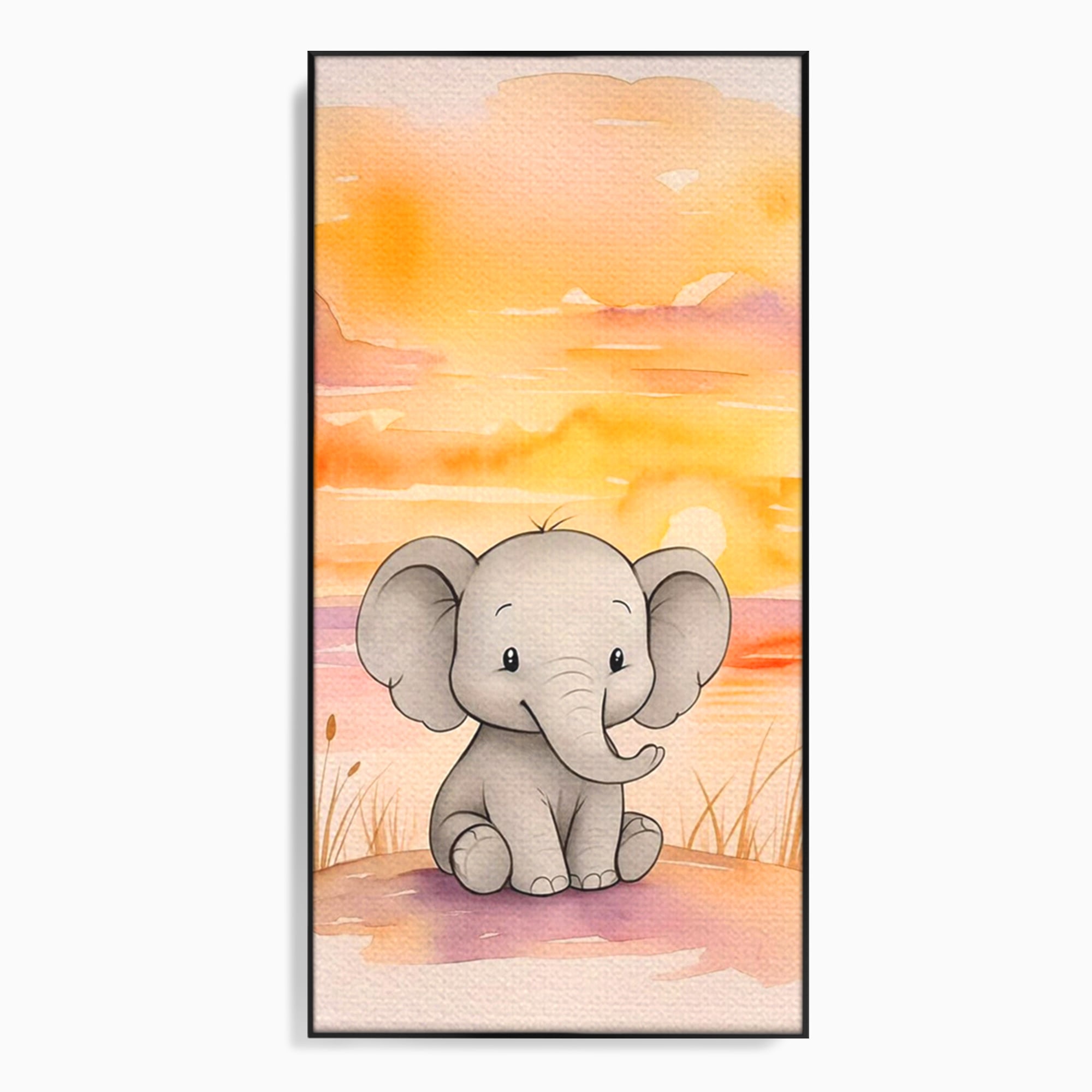 Tablou Canvas Premium, LuxCanva® K1050, Elefantelul de la Apus, Seara, Calda, Savana, Vise, Soare, Zambet, Urechi, Inima, Blanda, Portocaliu, Liliac, Acuarela, Camera Copil, Dormitor