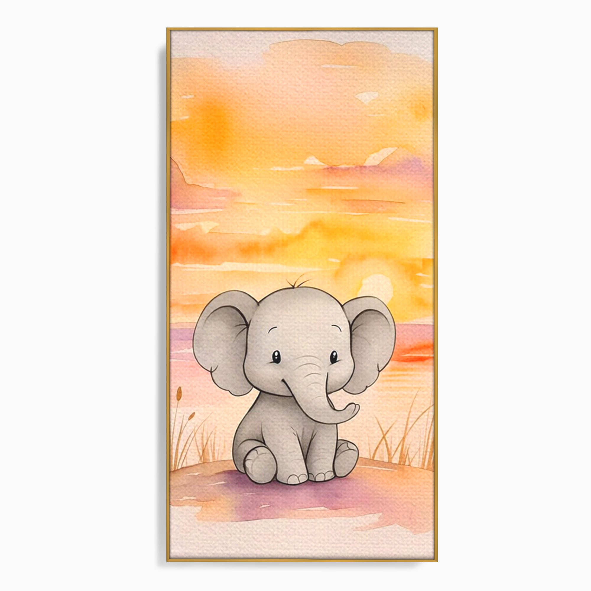 Tablou Canvas Premium, LuxCanva® K1050, Elefantelul de la Apus, Seara, Calda, Savana, Vise, Soare, Zambet, Urechi, Inima, Blanda, Portocaliu, Liliac, Acuarela, Camera Copil, Dormitor