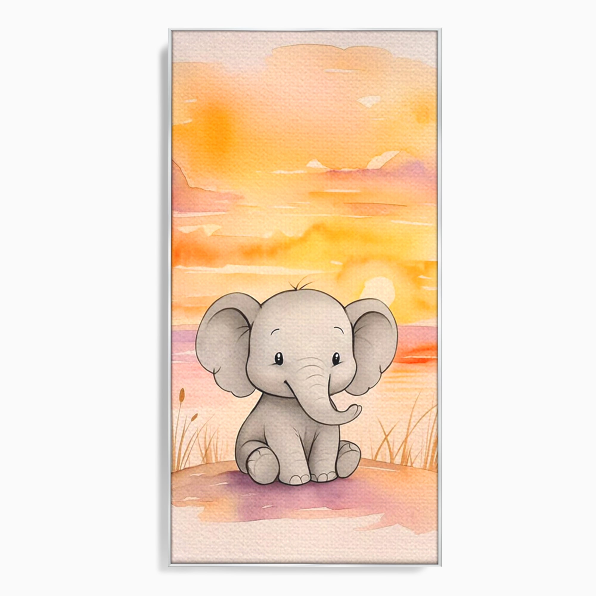 Tablou Canvas Premium, LuxCanva® K1050, Elefantelul de la Apus, Seara, Calda, Savana, Vise, Soare, Zambet, Urechi, Inima, Blanda, Portocaliu, Liliac, Acuarela, Camera Copil, Dormitor