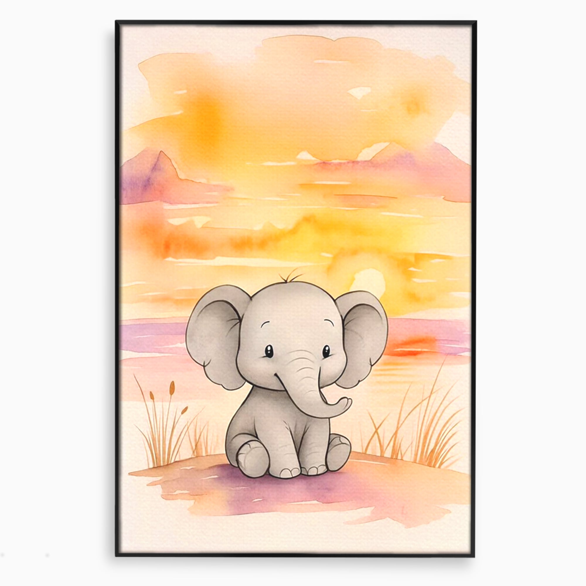 Tablou Canvas Premium, LuxCanva® K1050, Elefantelul de la Apus, Seara, Calda, Savana, Vise, Soare, Zambet, Urechi, Inima, Blanda, Portocaliu, Liliac, Acuarela, Camera Copil, Dormitor