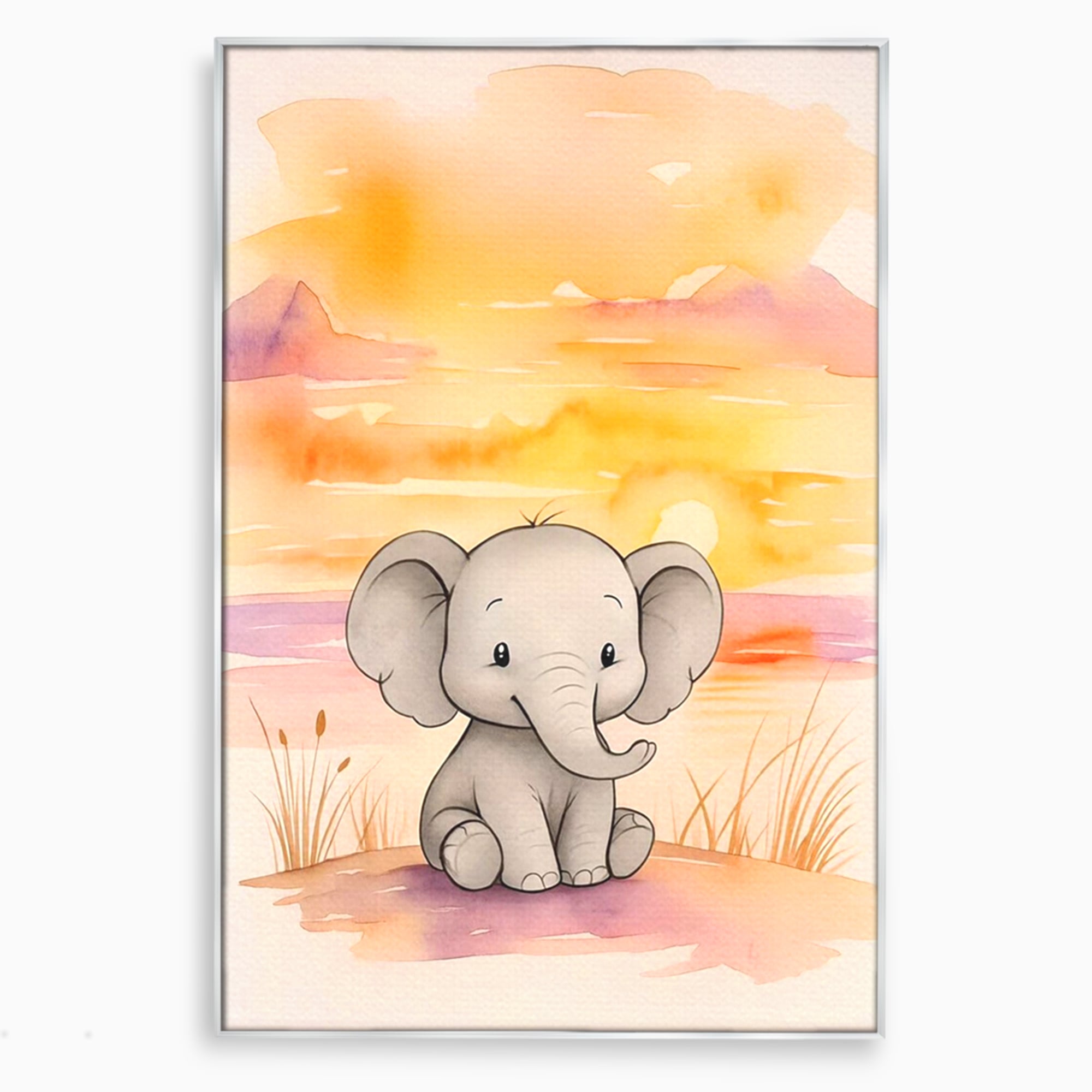 Tablou Canvas Premium, LuxCanva® K1050, Elefantelul de la Apus, Seara, Calda, Savana, Vise, Soare, Zambet, Urechi, Inima, Blanda, Portocaliu, Liliac, Acuarela, Camera Copil, Dormitor