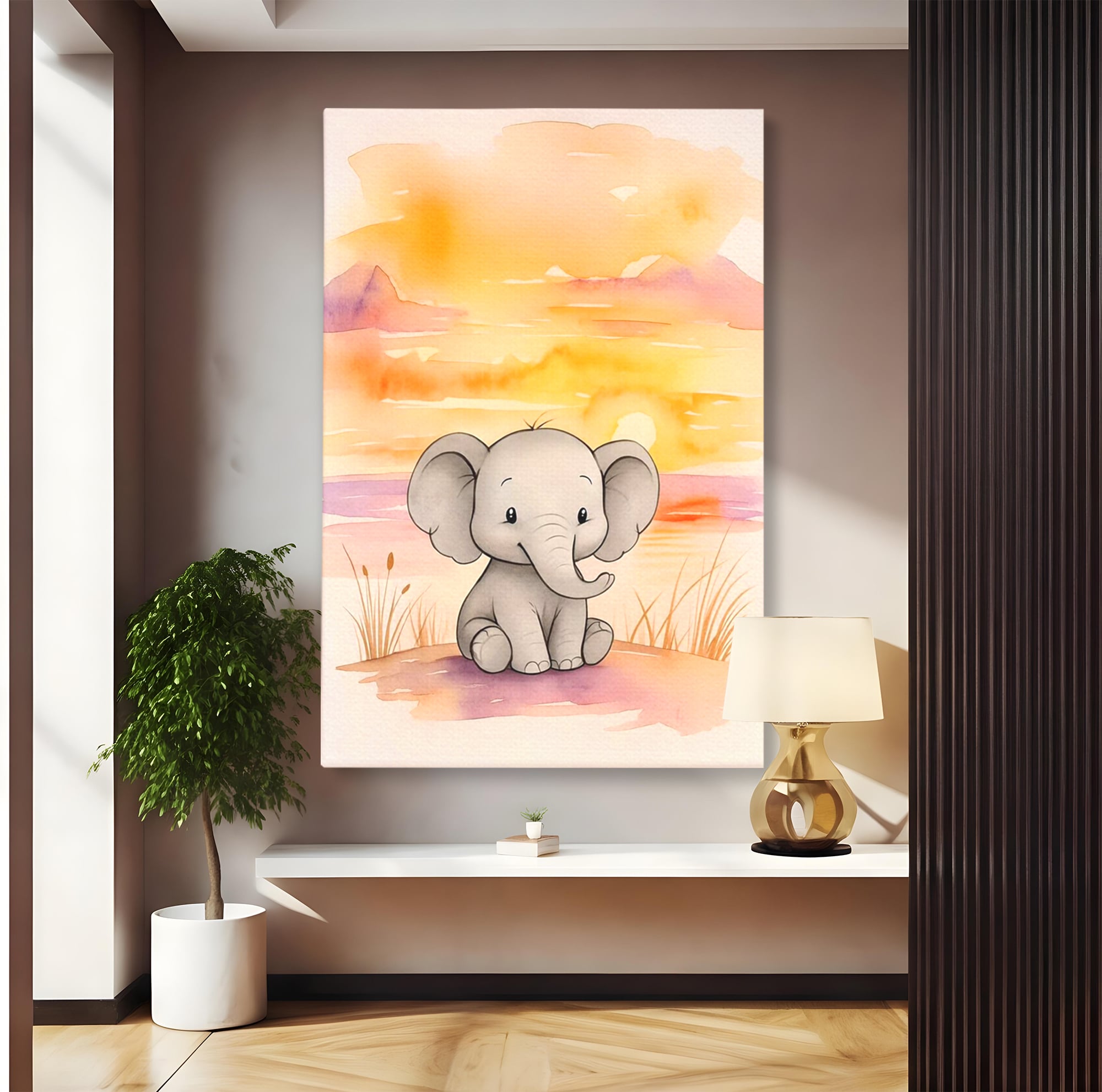 Tablou Canvas Premium, LuxCanva® K1050, Elefantelul de la Apus, Seara, Calda, Savana, Vise, Soare, Zambet, Urechi, Inima, Blanda, Portocaliu, Liliac, Acuarela, Camera Copil, Dormitor