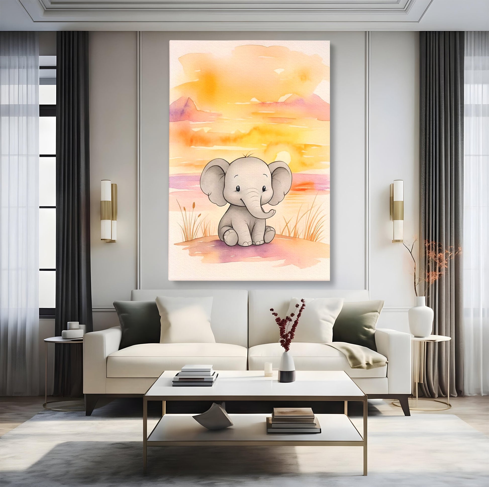 Tablou Canvas Premium, LuxCanva® K1050, Elefantelul de la Apus, Seara, Calda, Savana, Vise, Soare, Zambet, Urechi, Inima, Blanda, Portocaliu, Liliac, Acuarela, Camera Copil, Dormitor