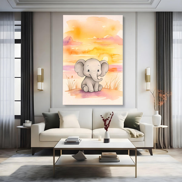 Tablou Canvas Premium, LuxCanva® K1050, Elefantelul de la Apus, Seara, Calda, Savana, Vise, Soare, Zambet, Urechi, Inima, Blanda, Portocaliu, Liliac, Acuarela, Camera Copil, Dormitor