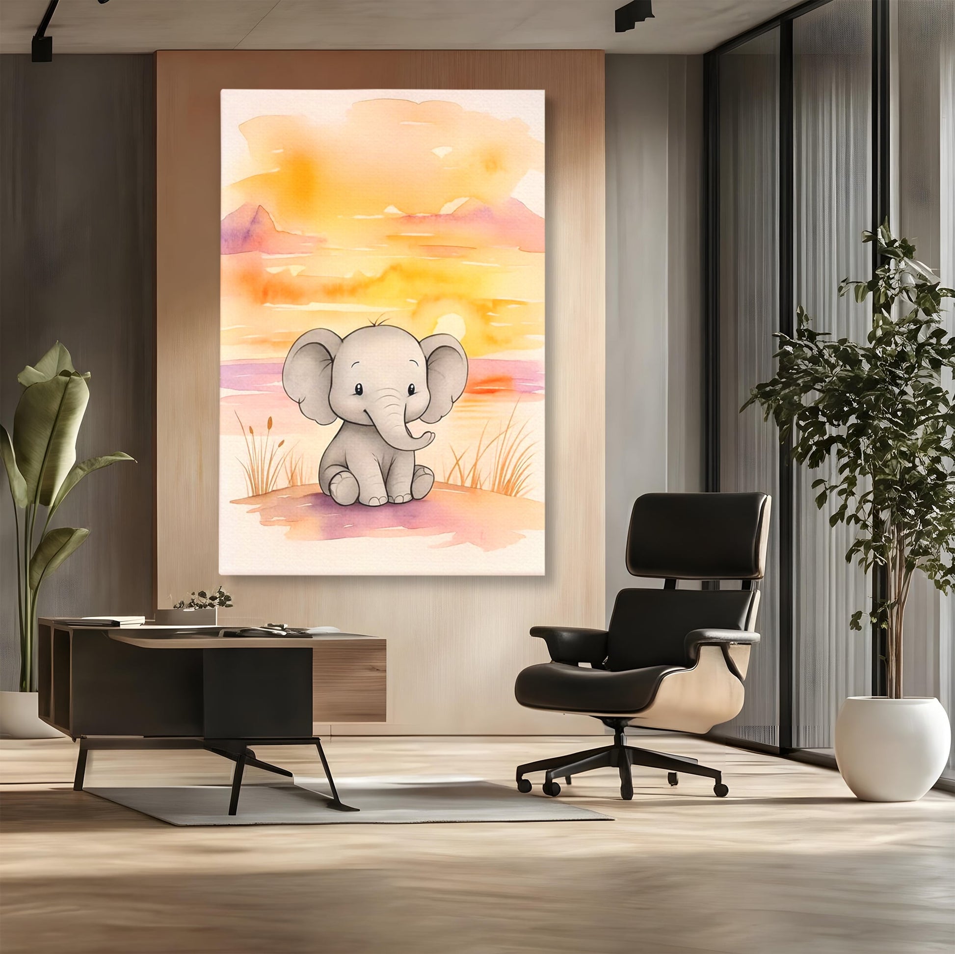 Tablou Canvas Premium, LuxCanva® K1050, Elefantelul de la Apus, Seara, Calda, Savana, Vise, Soare, Zambet, Urechi, Inima, Blanda, Portocaliu, Liliac, Acuarela, Camera Copil, Dormitor