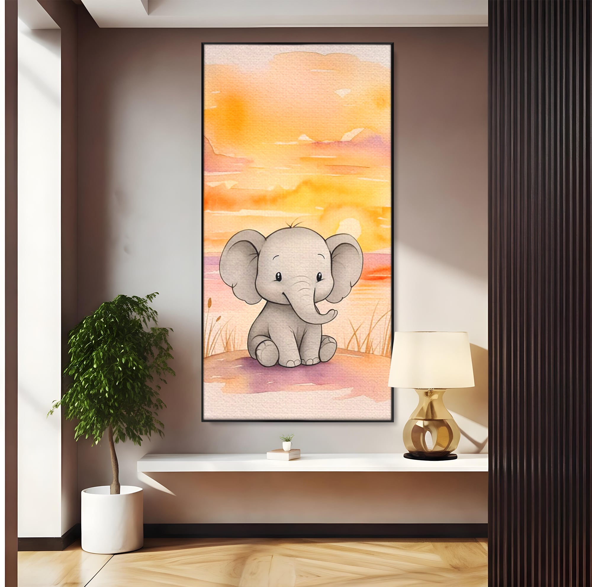 Tablou Canvas Premium, LuxCanva® K1050, Elefantelul de la Apus, Seara, Calda, Savana, Vise, Soare, Zambet, Urechi, Inima, Blanda, Portocaliu, Liliac, Acuarela, Camera Copil, Dormitor