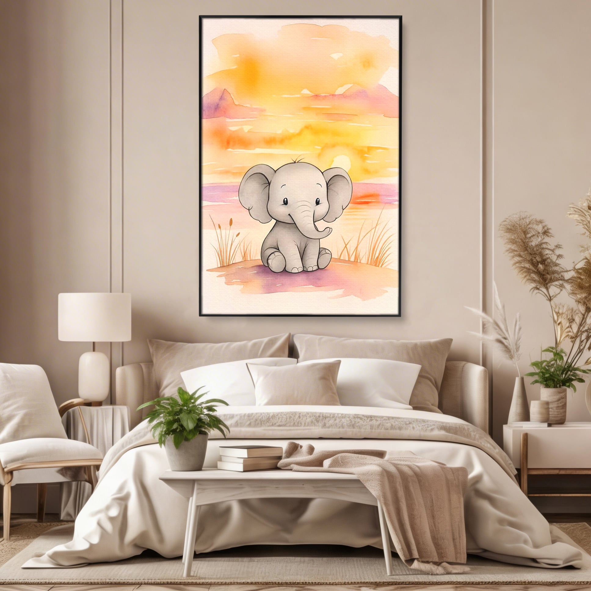 Tablou Canvas Premium, LuxCanva® K1050, Elefantelul de la Apus, Seara, Calda, Savana, Vise, Soare, Zambet, Urechi, Inima, Blanda, Portocaliu, Liliac, Acuarela, Camera Copil, Dormitor