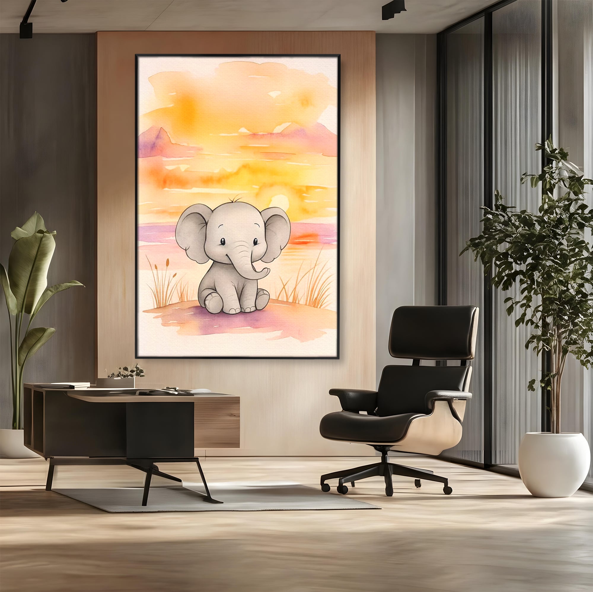 Tablou Canvas Premium, LuxCanva® K1050, Elefantelul de la Apus, Seara, Calda, Savana, Vise, Soare, Zambet, Urechi, Inima, Blanda, Portocaliu, Liliac, Acuarela, Camera Copil, Dormitor