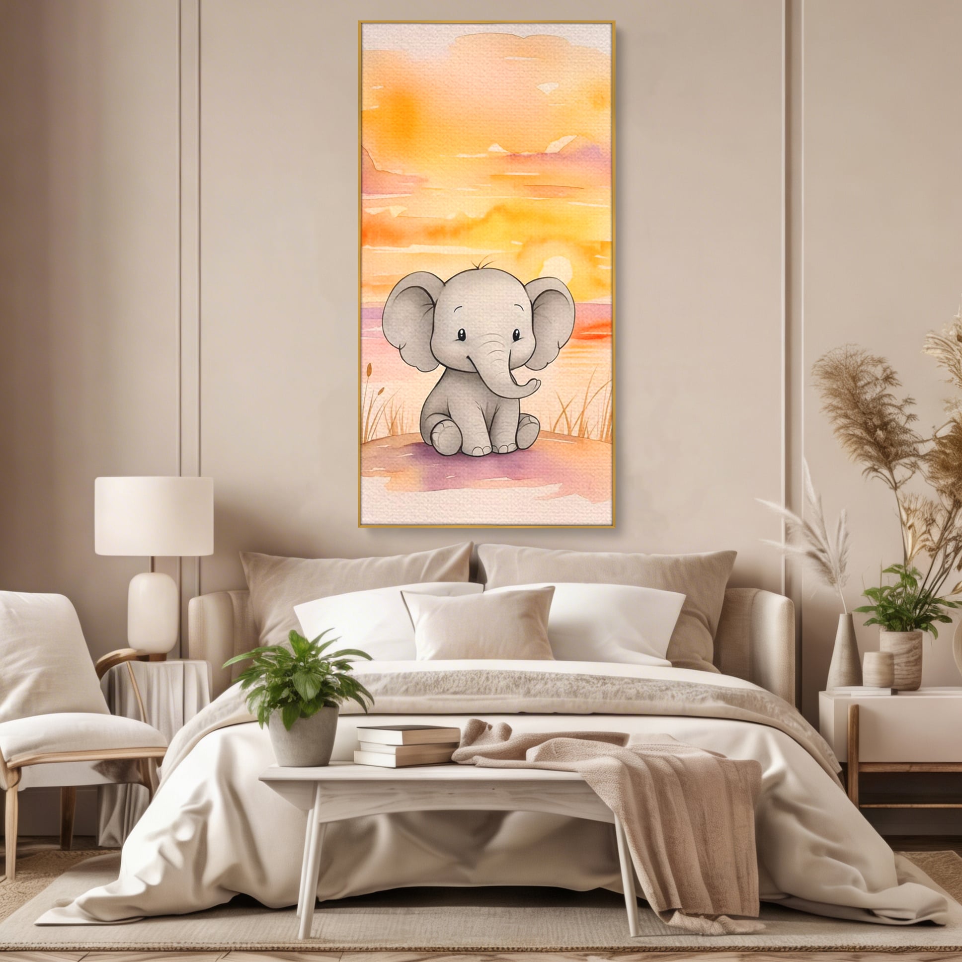 Tablou Canvas Premium, LuxCanva® K1050, Elefantelul de la Apus, Seara, Calda, Savana, Vise, Soare, Zambet, Urechi, Inima, Blanda, Portocaliu, Liliac, Acuarela, Camera Copil, Dormitor