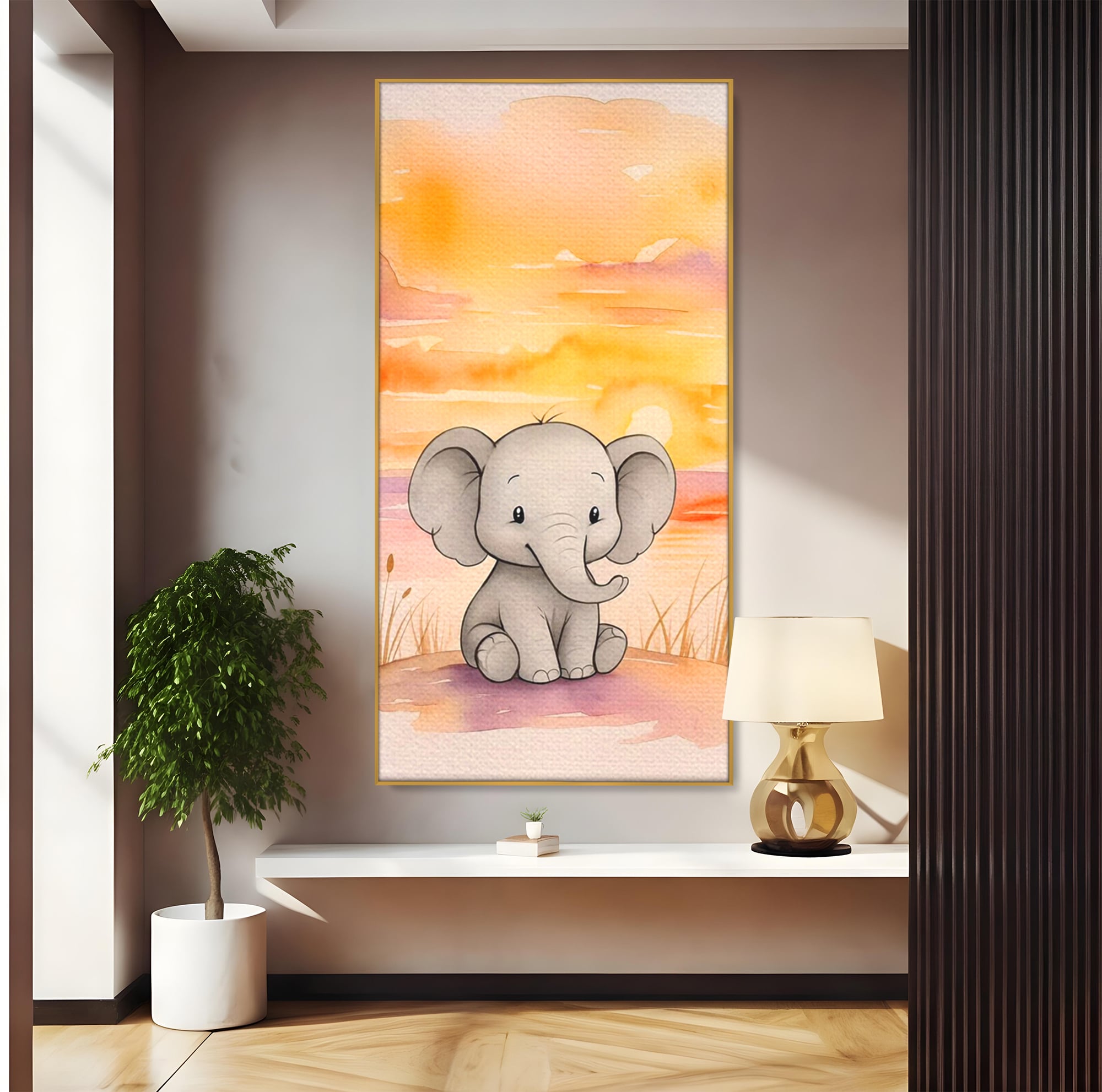 Tablou Canvas Premium, LuxCanva® K1050, Elefantelul de la Apus, Seara, Calda, Savana, Vise, Soare, Zambet, Urechi, Inima, Blanda, Portocaliu, Liliac, Acuarela, Camera Copil, Dormitor