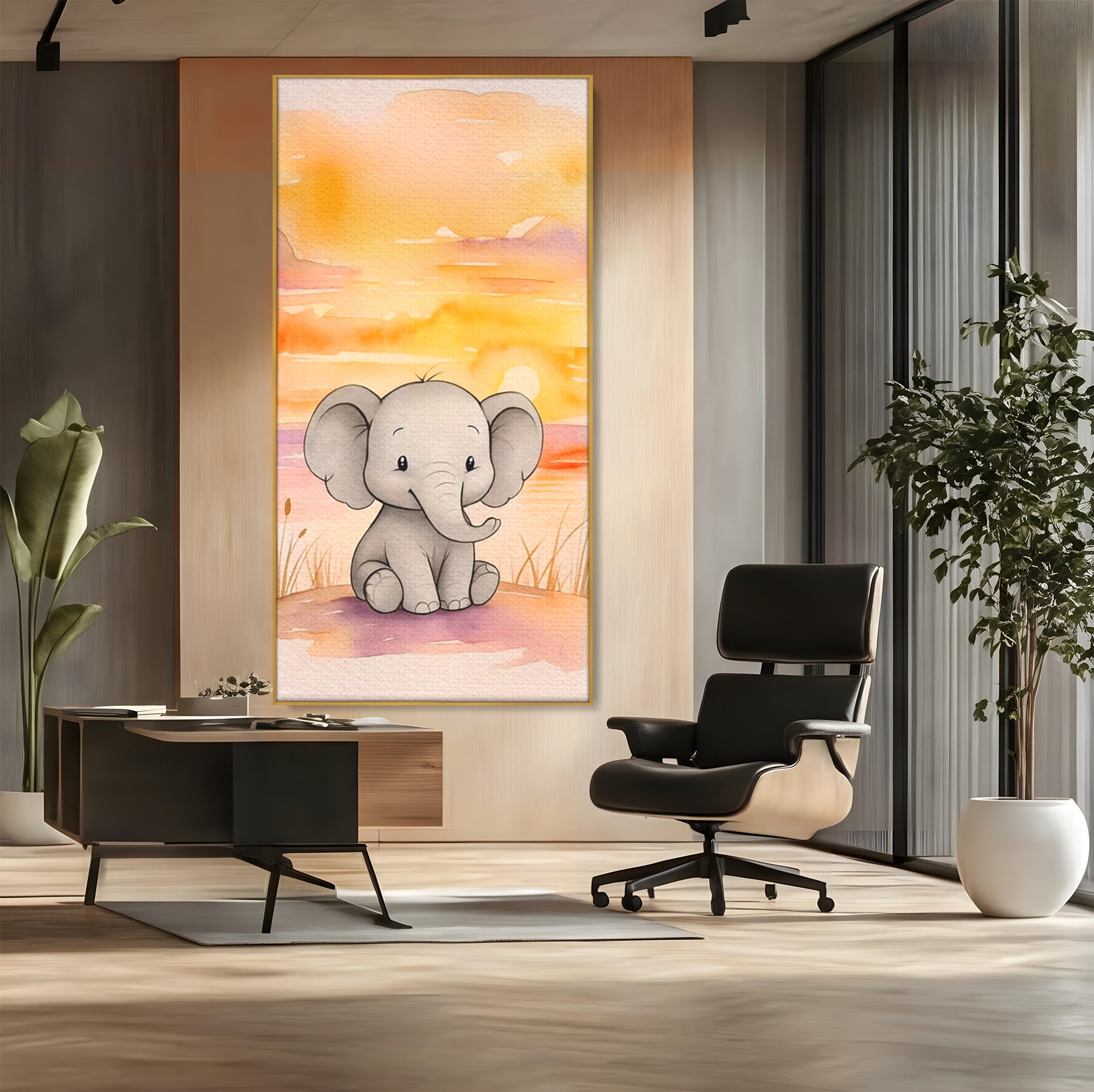 Tablou Canvas Premium, LuxCanva® K1050, Elefantelul de la Apus, Seara, Calda, Savana, Vise, Soare, Zambet, Urechi, Inima, Blanda, Portocaliu, Liliac, Acuarela, Camera Copil, Dormitor