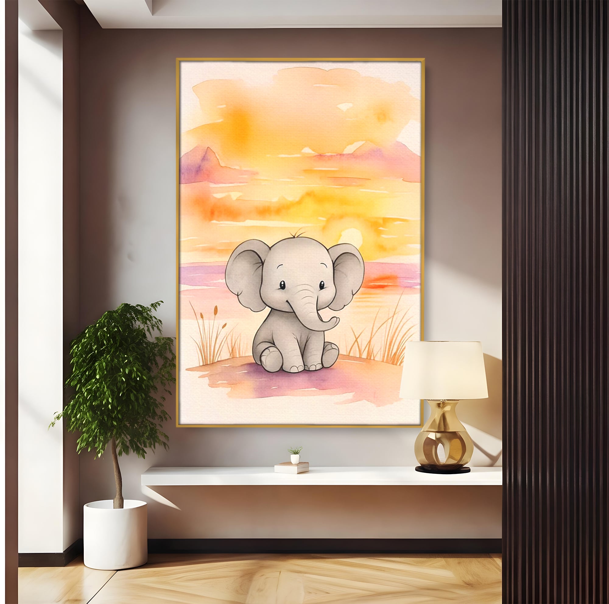 Tablou Canvas Premium, LuxCanva® K1050, Elefantelul de la Apus, Seara, Calda, Savana, Vise, Soare, Zambet, Urechi, Inima, Blanda, Portocaliu, Liliac, Acuarela, Camera Copil, Dormitor