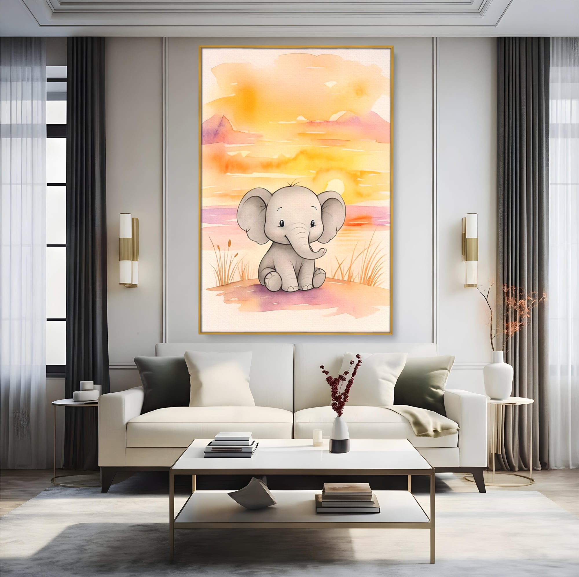Tablou Canvas Premium, LuxCanva® K1050, Elefantelul de la Apus, Seara, Calda, Savana, Vise, Soare, Zambet, Urechi, Inima, Blanda, Portocaliu, Liliac, Acuarela, Camera Copil, Dormitor