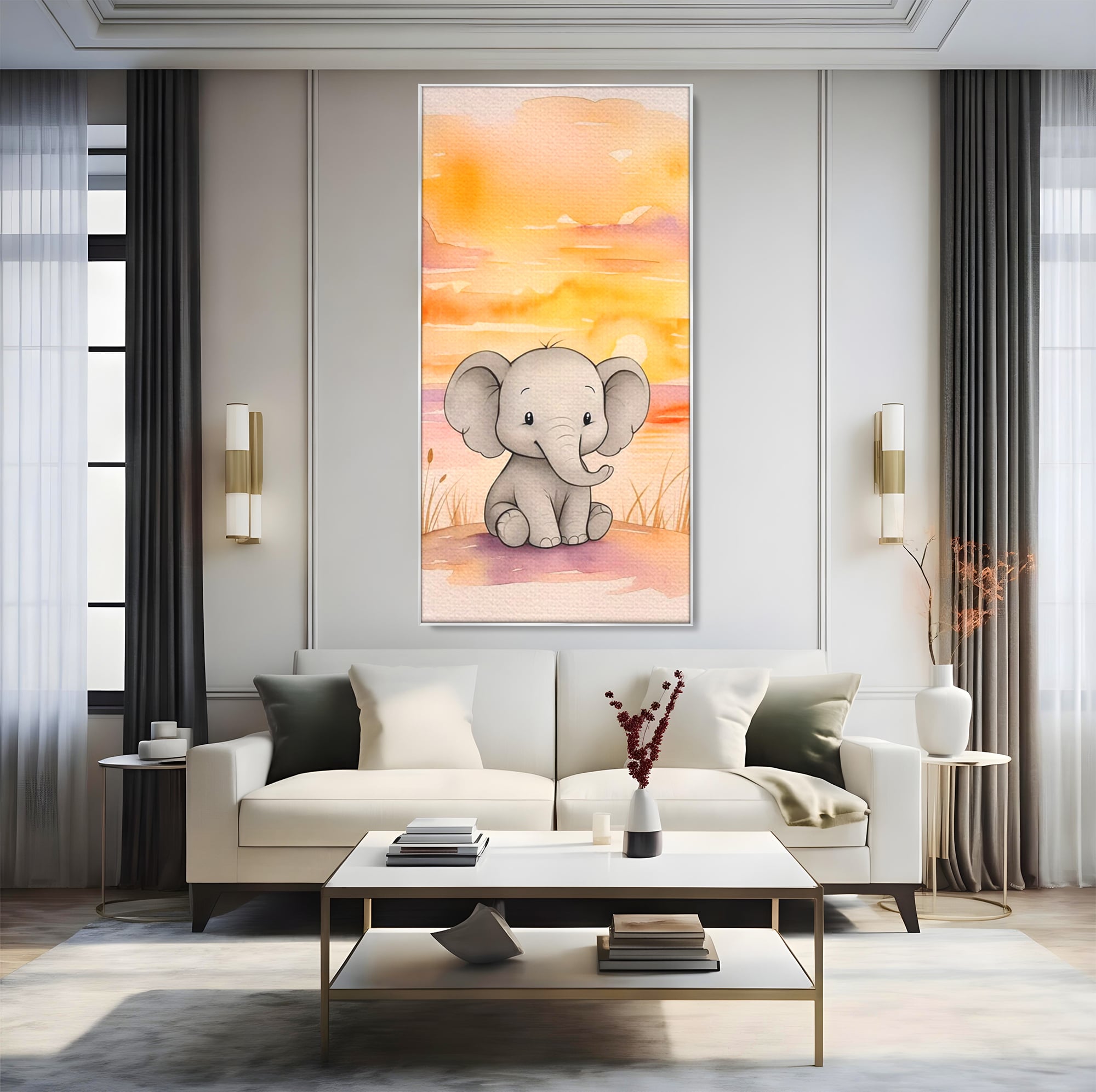 Tablou Canvas Premium, LuxCanva® K1050, Elefantelul de la Apus, Seara, Calda, Savana, Vise, Soare, Zambet, Urechi, Inima, Blanda, Portocaliu, Liliac, Acuarela, Camera Copil, Dormitor