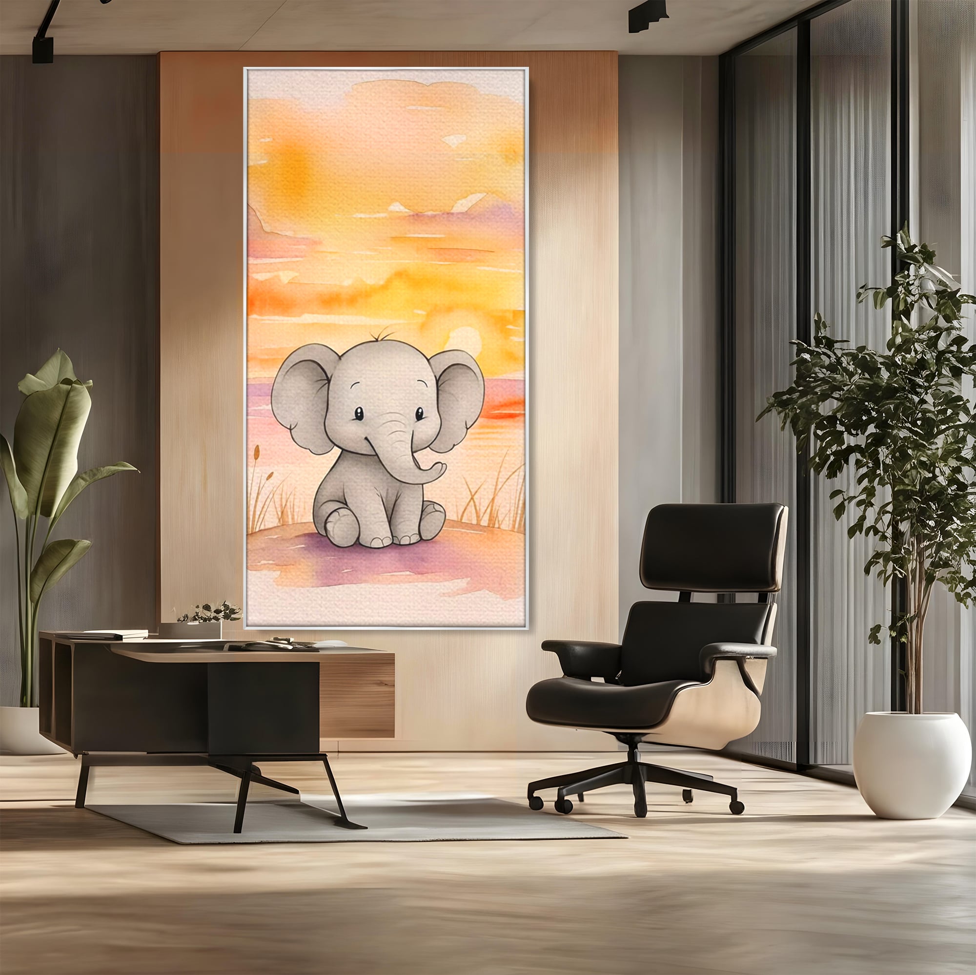 Tablou Canvas Premium, LuxCanva® K1050, Elefantelul de la Apus, Seara, Calda, Savana, Vise, Soare, Zambet, Urechi, Inima, Blanda, Portocaliu, Liliac, Acuarela, Camera Copil, Dormitor