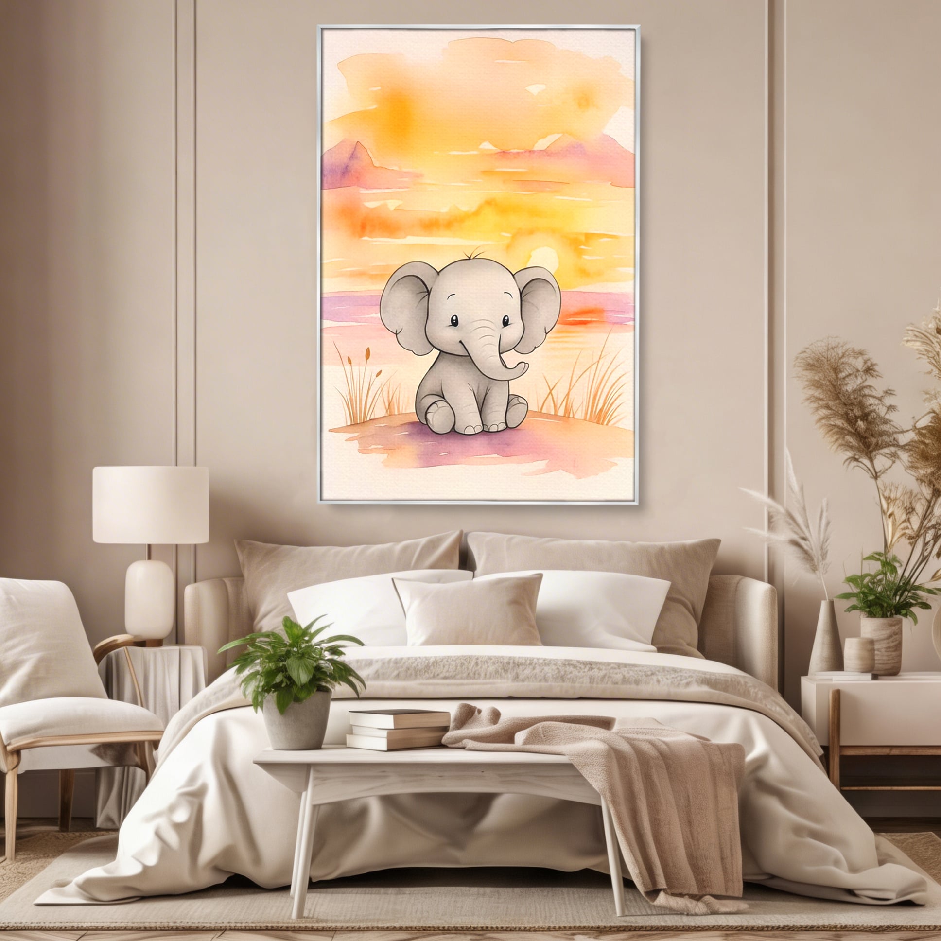 Tablou Canvas Premium, LuxCanva® K1050, Elefantelul de la Apus, Seara, Calda, Savana, Vise, Soare, Zambet, Urechi, Inima, Blanda, Portocaliu, Liliac, Acuarela, Camera Copil, Dormitor