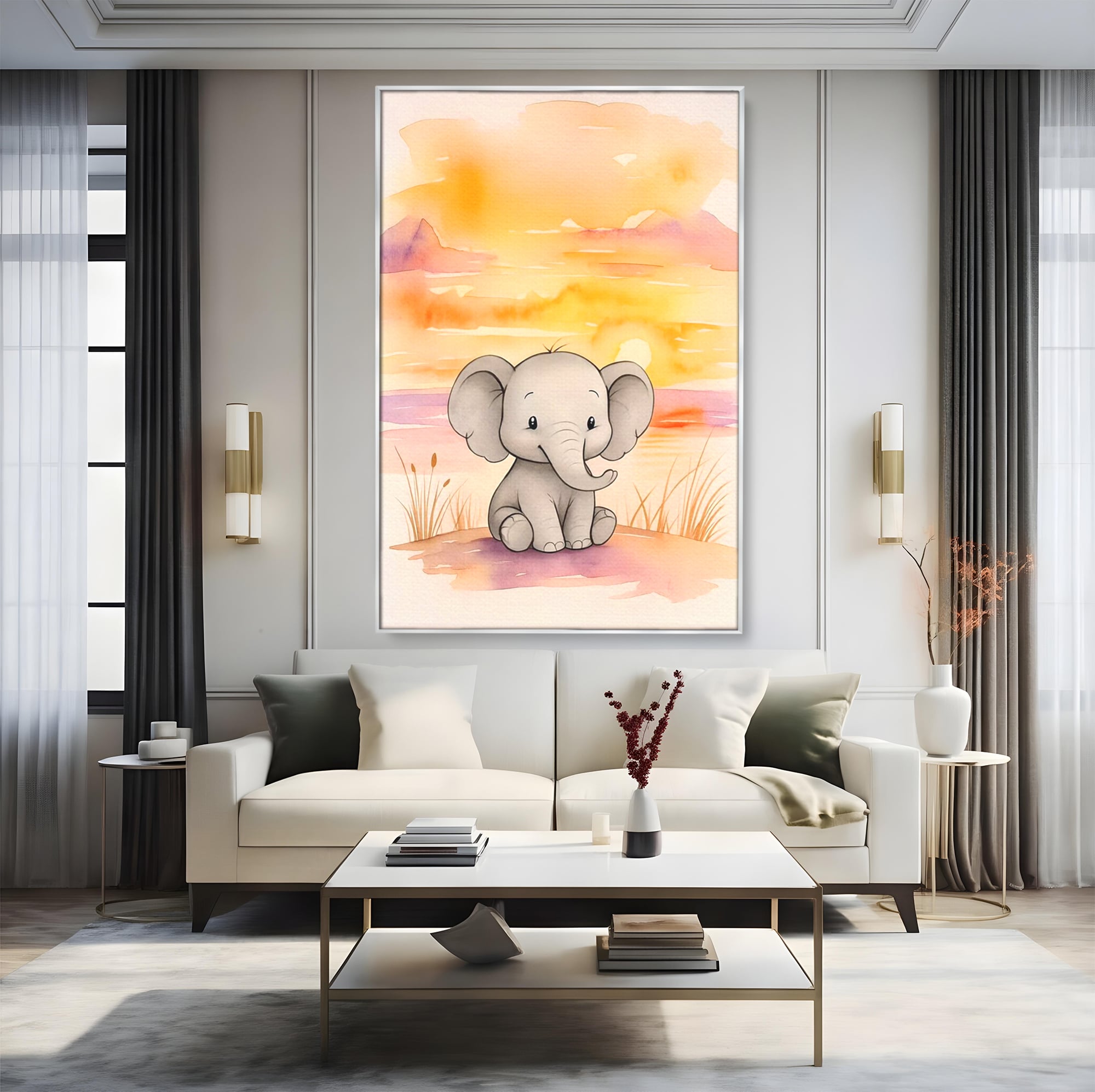 Tablou Canvas Premium, LuxCanva® K1050, Elefantelul de la Apus, Seara, Calda, Savana, Vise, Soare, Zambet, Urechi, Inima, Blanda, Portocaliu, Liliac, Acuarela, Camera Copil, Dormitor