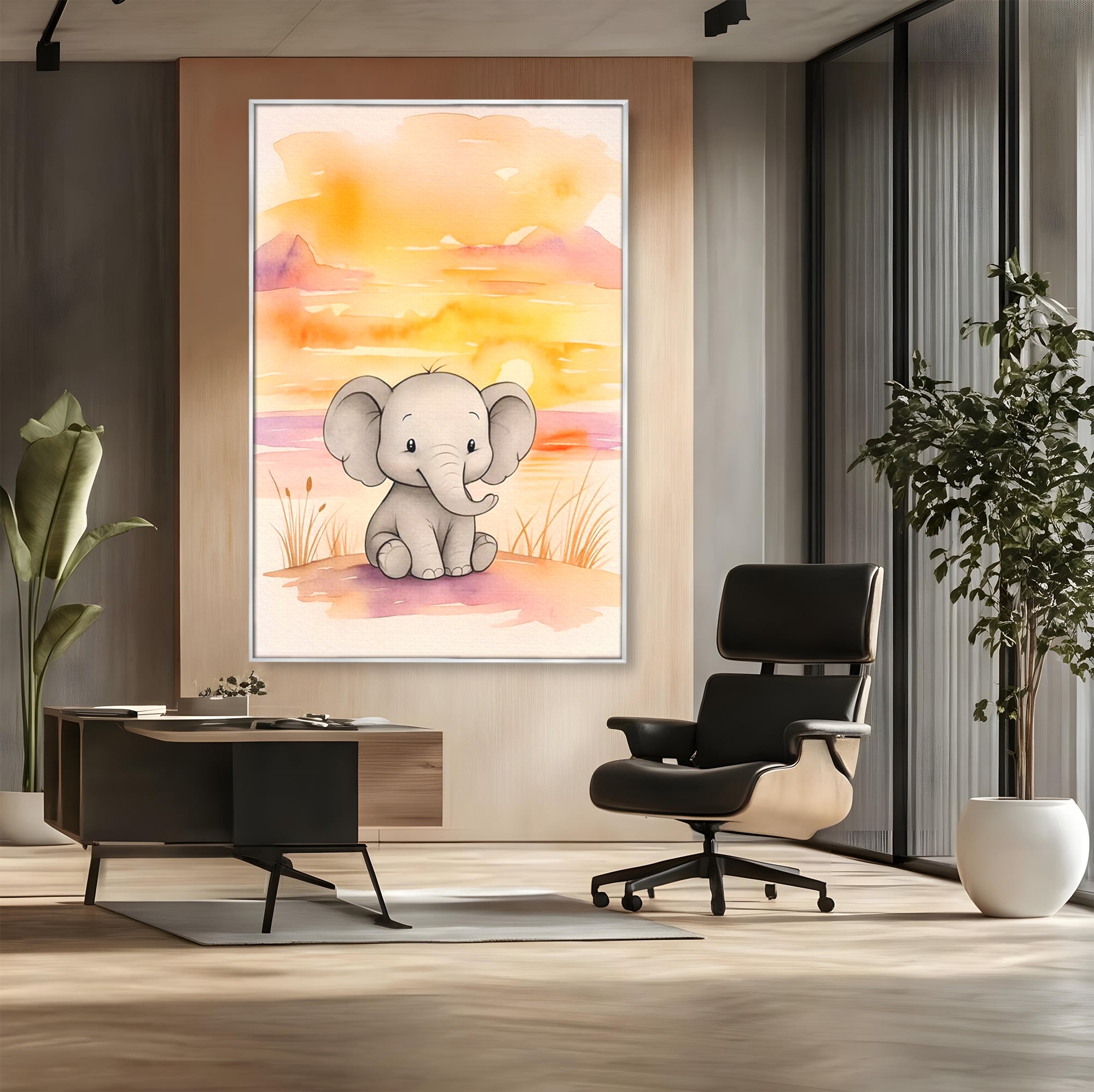 Tablou Canvas Premium, LuxCanva® K1050, Elefantelul de la Apus, Seara, Calda, Savana, Vise, Soare, Zambet, Urechi, Inima, Blanda, Portocaliu, Liliac, Acuarela, Camera Copil, Dormitor