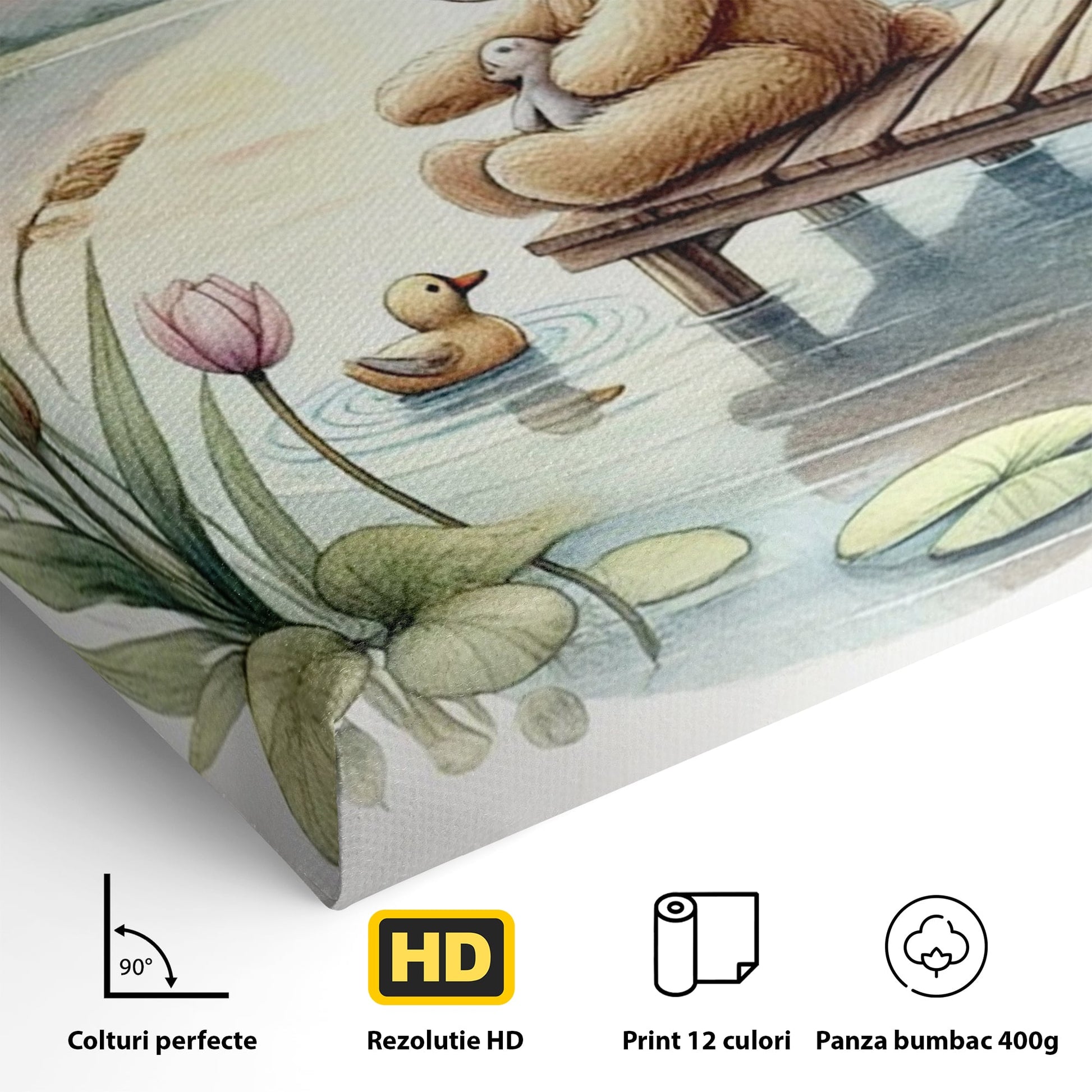 Tablou Canvas Premium, LuxCanva® K1052, Ursuletul si Ratusca, Mal, Ponton, Nuferi, Apus, Bland, Rasarit, Lac, Fermecat, Visare, Poetic, Prietenie, Legatura, Camera Copil, Dormitor