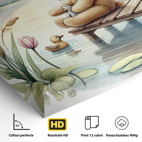 Tablou Canvas Premium, LuxCanva® K1052, Ursuletul si Ratusca, Mal, Ponton, Nuferi, Apus, Bland, Rasarit, Lac, Fermecat, Visare, Poetic, Prietenie, Legatura, Camera Copil, Dormitor