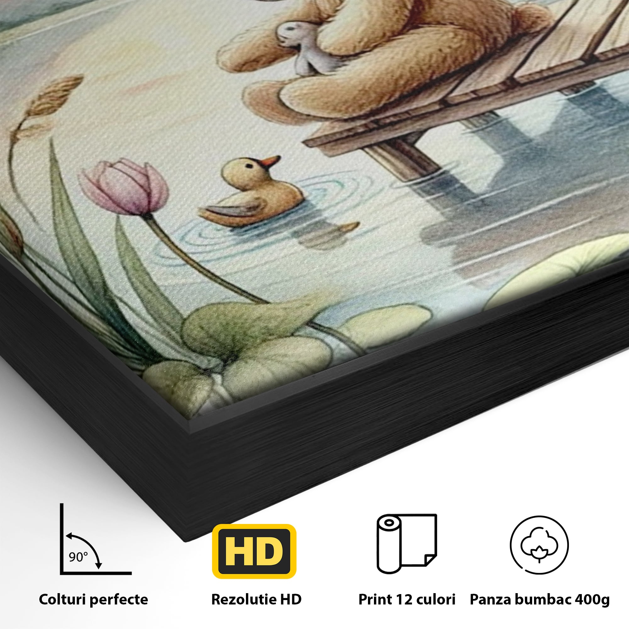 Tablou Canvas Premium, LuxCanva® K1052, Ursuletul si Ratusca, Mal, Ponton, Nuferi, Apus, Bland, Rasarit, Lac, Fermecat, Visare, Poetic, Prietenie, Legatura, Camera Copil, Dormitor