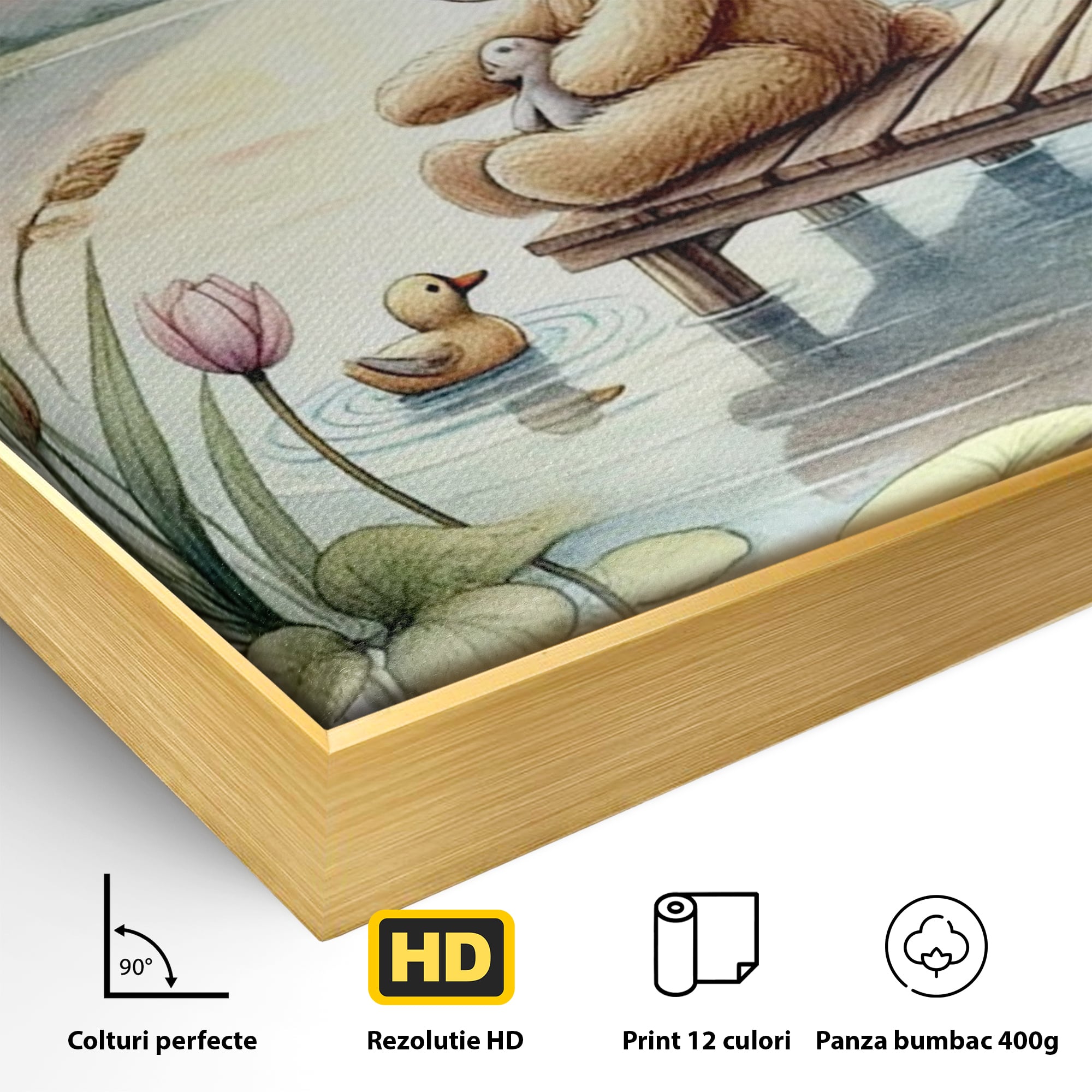 Tablou Canvas Premium, LuxCanva® K1052, Ursuletul si Ratusca, Mal, Ponton, Nuferi, Apus, Bland, Rasarit, Lac, Fermecat, Visare, Poetic, Prietenie, Legatura, Camera Copil, Dormitor