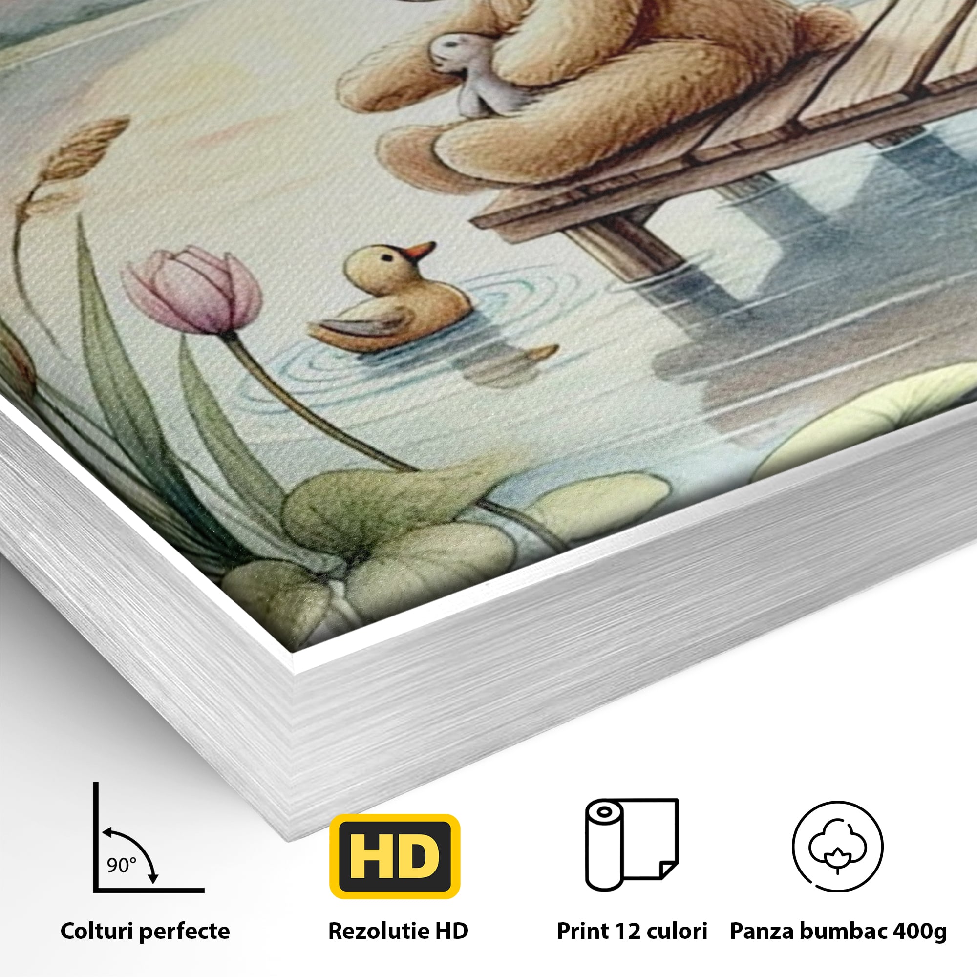 Tablou Canvas Premium, LuxCanva® K1052, Ursuletul si Ratusca, Mal, Ponton, Nuferi, Apus, Bland, Rasarit, Lac, Fermecat, Visare, Poetic, Prietenie, Legatura, Camera Copil, Dormitor