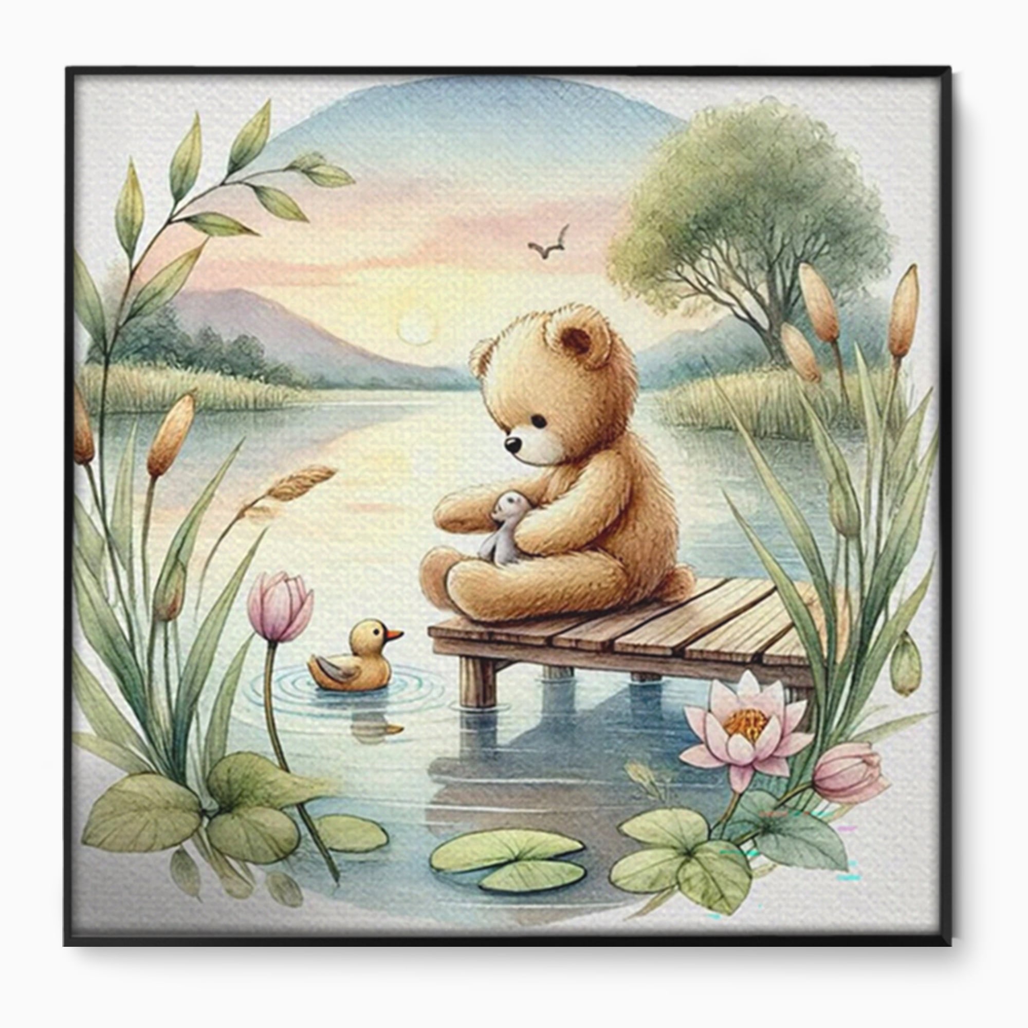Tablou Canvas Premium, LuxCanva® K1052, Ursuletul si Ratusca, Mal, Ponton, Nuferi, Apus, Bland, Rasarit, Lac, Fermecat, Visare, Poetic, Prietenie, Legatura, Camera Copil, Dormitor