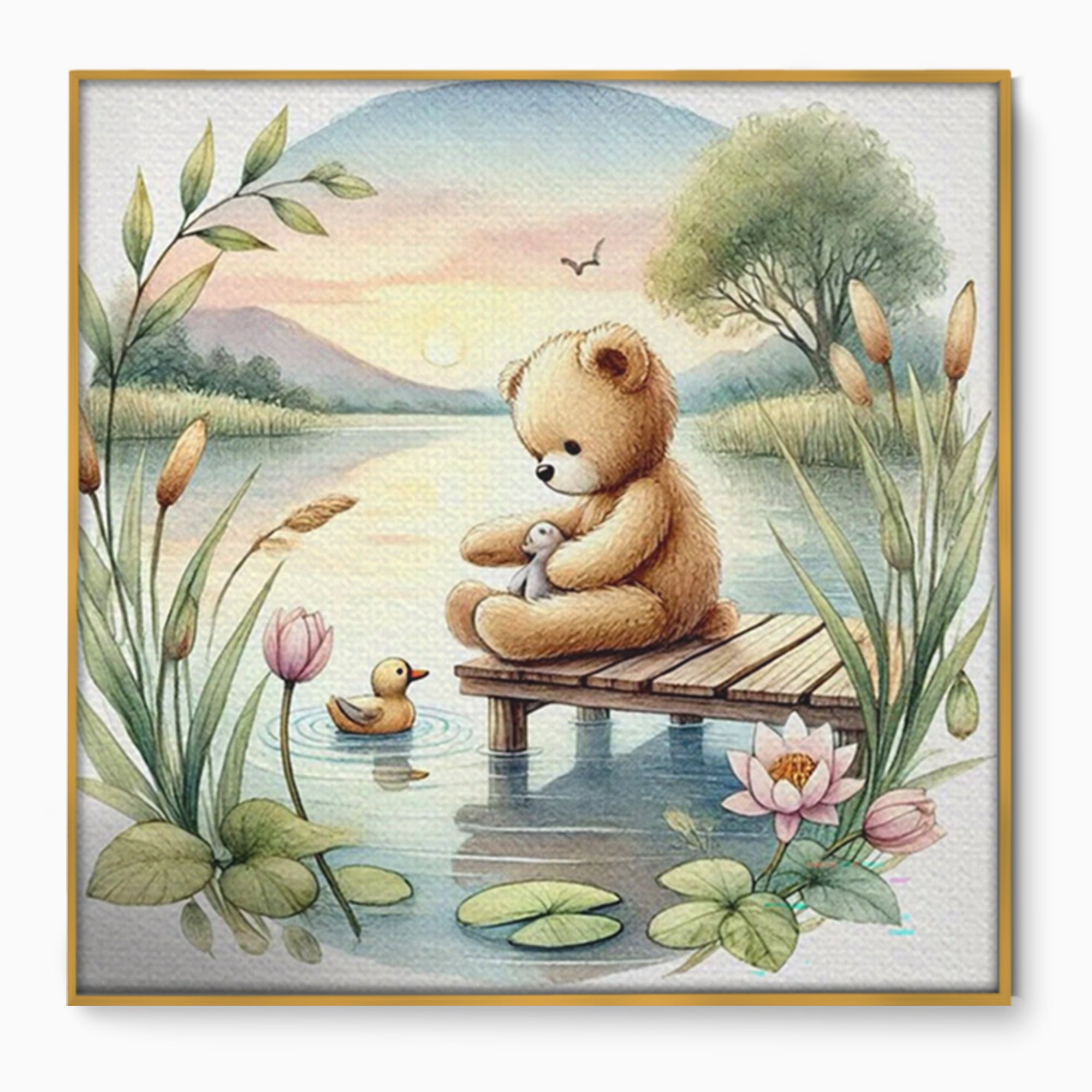 Tablou Canvas Premium, LuxCanva® K1052, Ursuletul si Ratusca, Mal, Ponton, Nuferi, Apus, Bland, Rasarit, Lac, Fermecat, Visare, Poetic, Prietenie, Legatura, Camera Copil, Dormitor