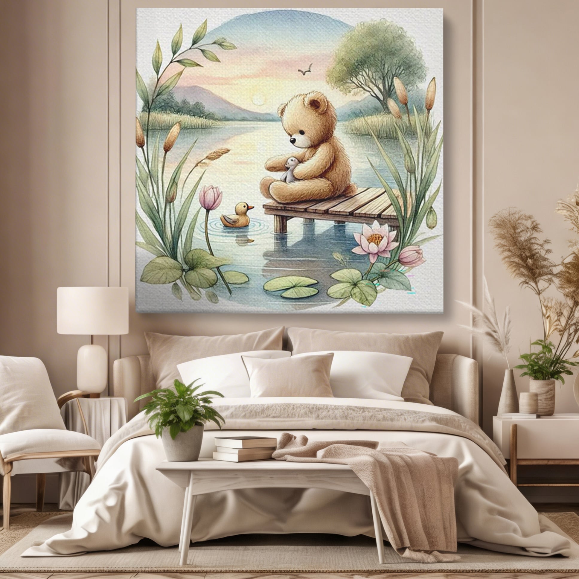 Tablou Canvas Premium, LuxCanva® K1052, Ursuletul si Ratusca, Mal, Ponton, Nuferi, Apus, Bland, Rasarit, Lac, Fermecat, Visare, Poetic, Prietenie, Legatura, Camera Copil, Dormitor