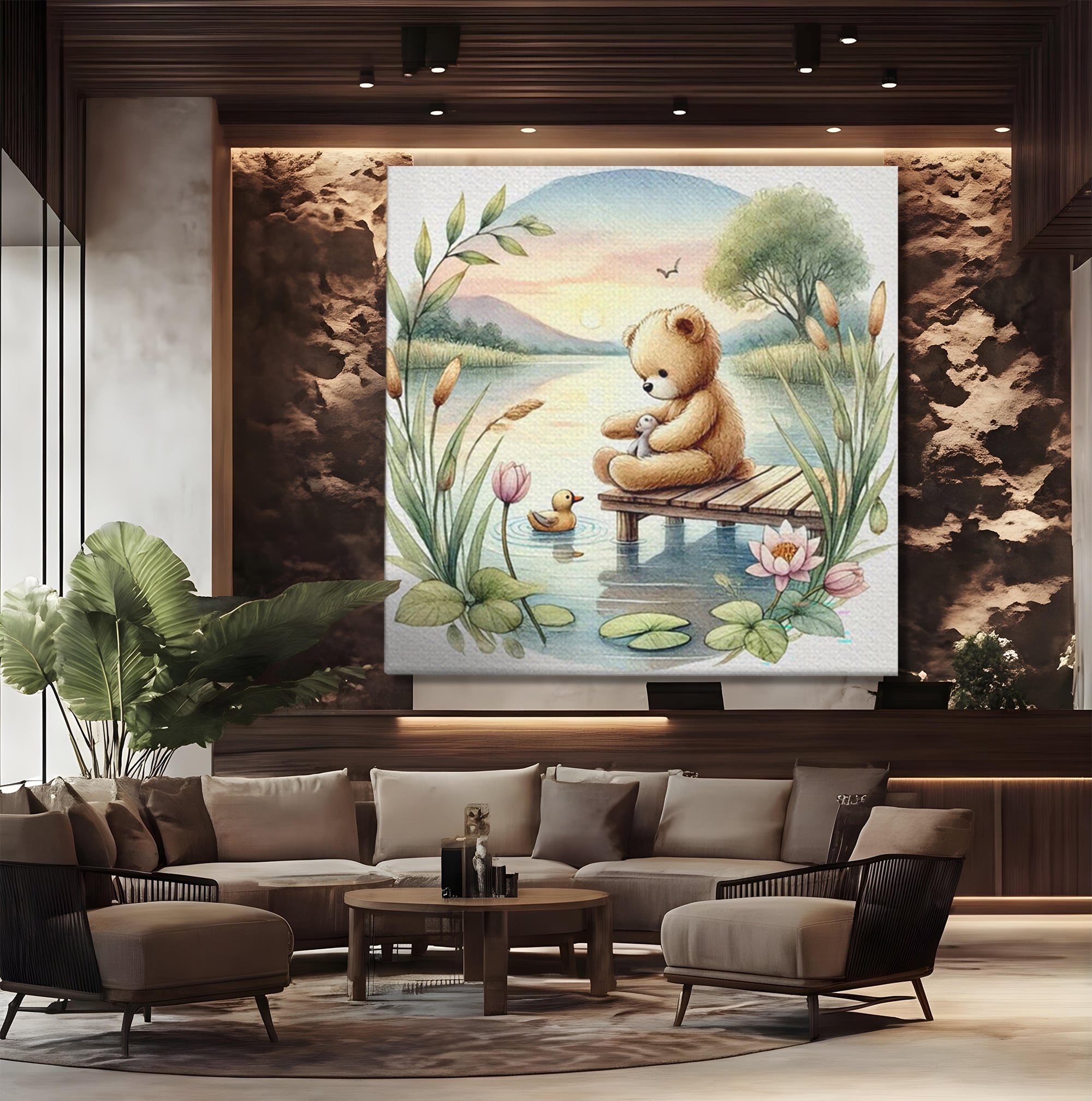 Tablou Canvas Premium, LuxCanva® K1052, Ursuletul si Ratusca, Mal, Ponton, Nuferi, Apus, Bland, Rasarit, Lac, Fermecat, Visare, Poetic, Prietenie, Legatura, Camera Copil, Dormitor