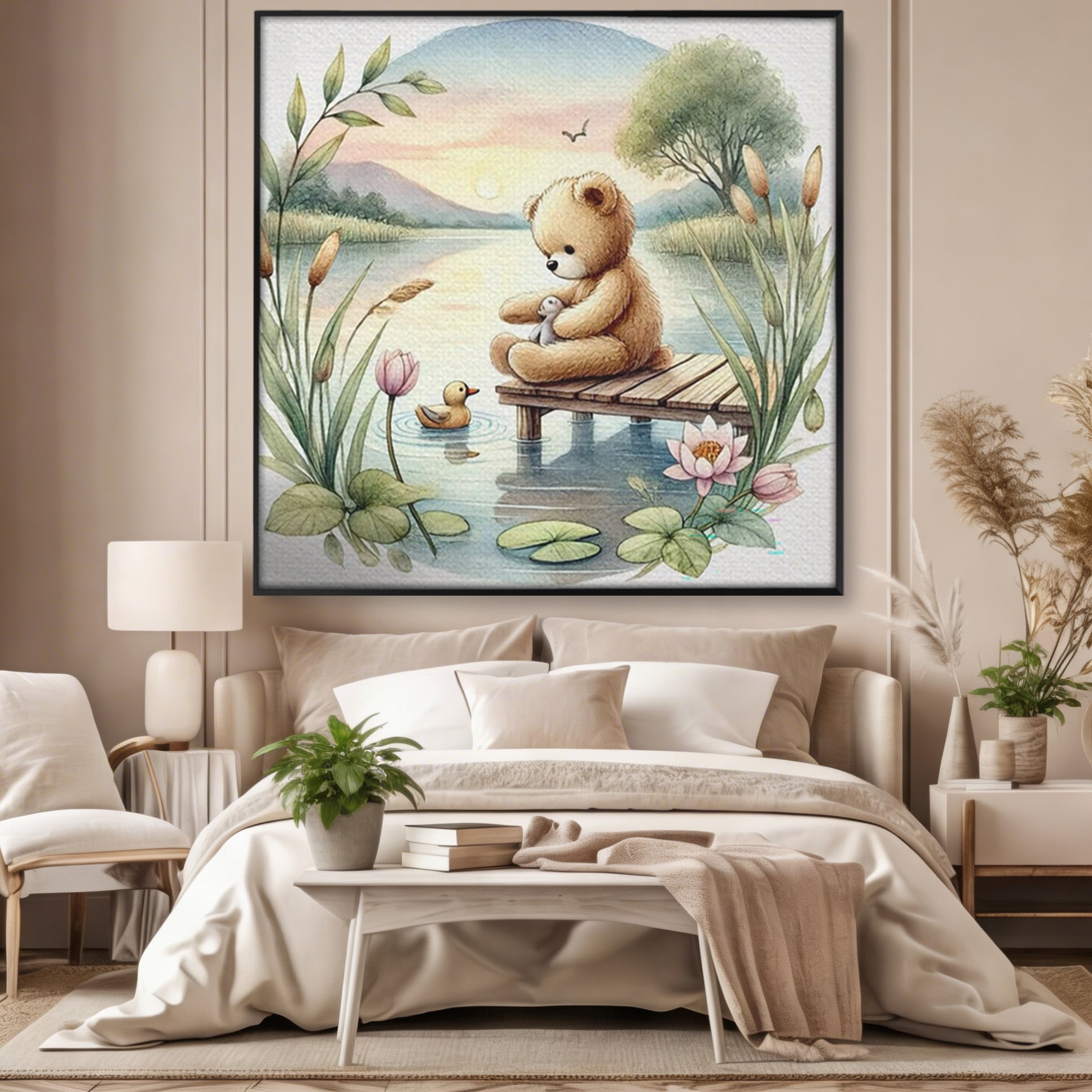 Tablou Canvas Premium, LuxCanva® K1052, Ursuletul si Ratusca, Mal, Ponton, Nuferi, Apus, Bland, Rasarit, Lac, Fermecat, Visare, Poetic, Prietenie, Legatura, Camera Copil, Dormitor