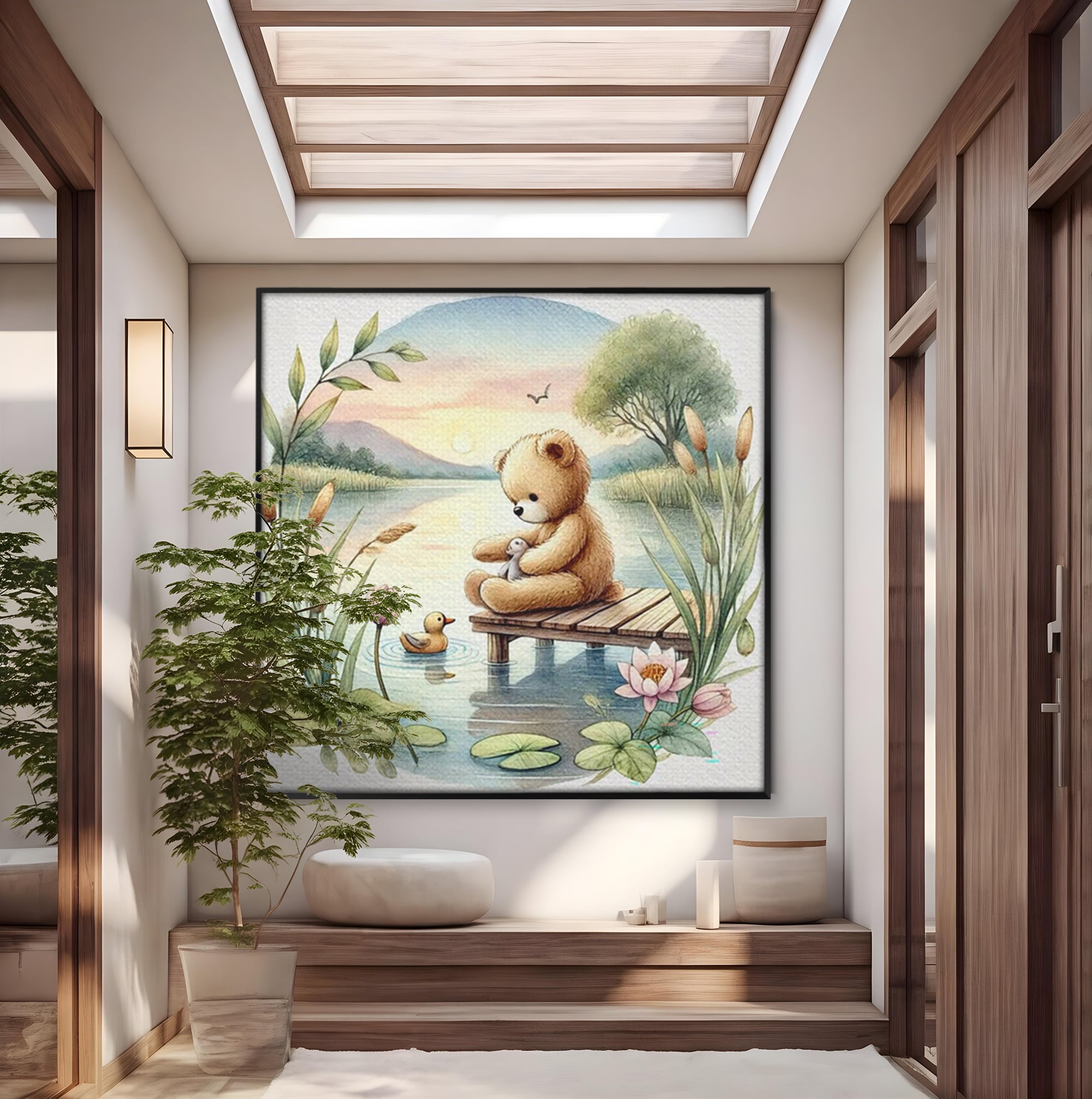 Tablou Canvas Premium, LuxCanva® K1052, Ursuletul si Ratusca, Mal, Ponton, Nuferi, Apus, Bland, Rasarit, Lac, Fermecat, Visare, Poetic, Prietenie, Legatura, Camera Copil, Dormitor