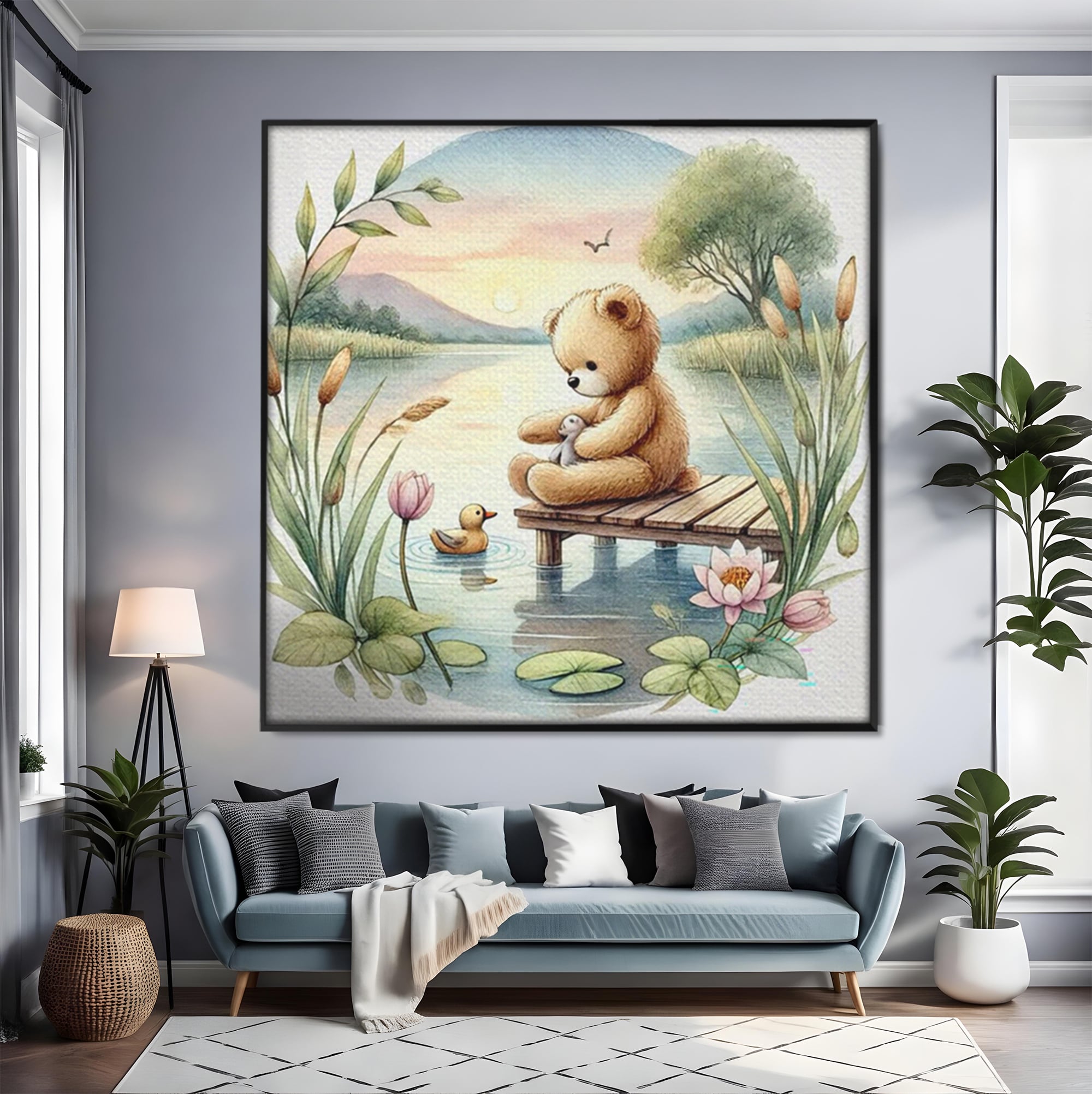 Tablou Canvas Premium, LuxCanva® K1052, Ursuletul si Ratusca, Mal, Ponton, Nuferi, Apus, Bland, Rasarit, Lac, Fermecat, Visare, Poetic, Prietenie, Legatura, Camera Copil, Dormitor