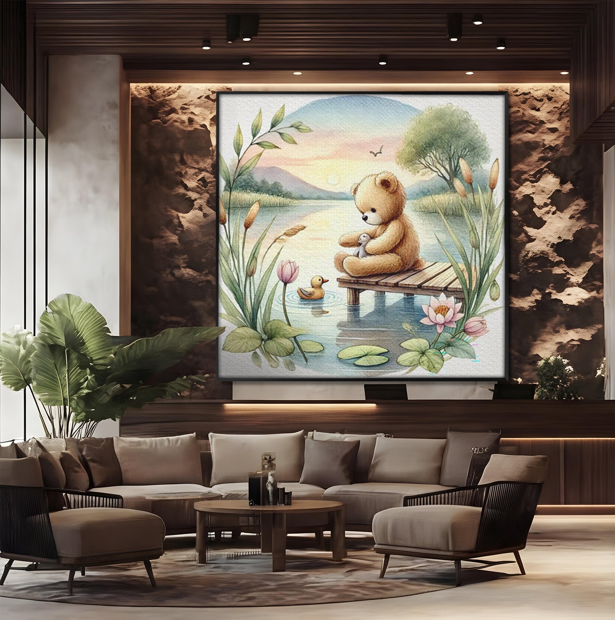 Tablou Canvas Premium, LuxCanva® K1052, Ursuletul si Ratusca, Mal, Ponton, Nuferi, Apus, Bland, Rasarit, Lac, Fermecat, Visare, Poetic, Prietenie, Legatura, Camera Copil, Dormitor