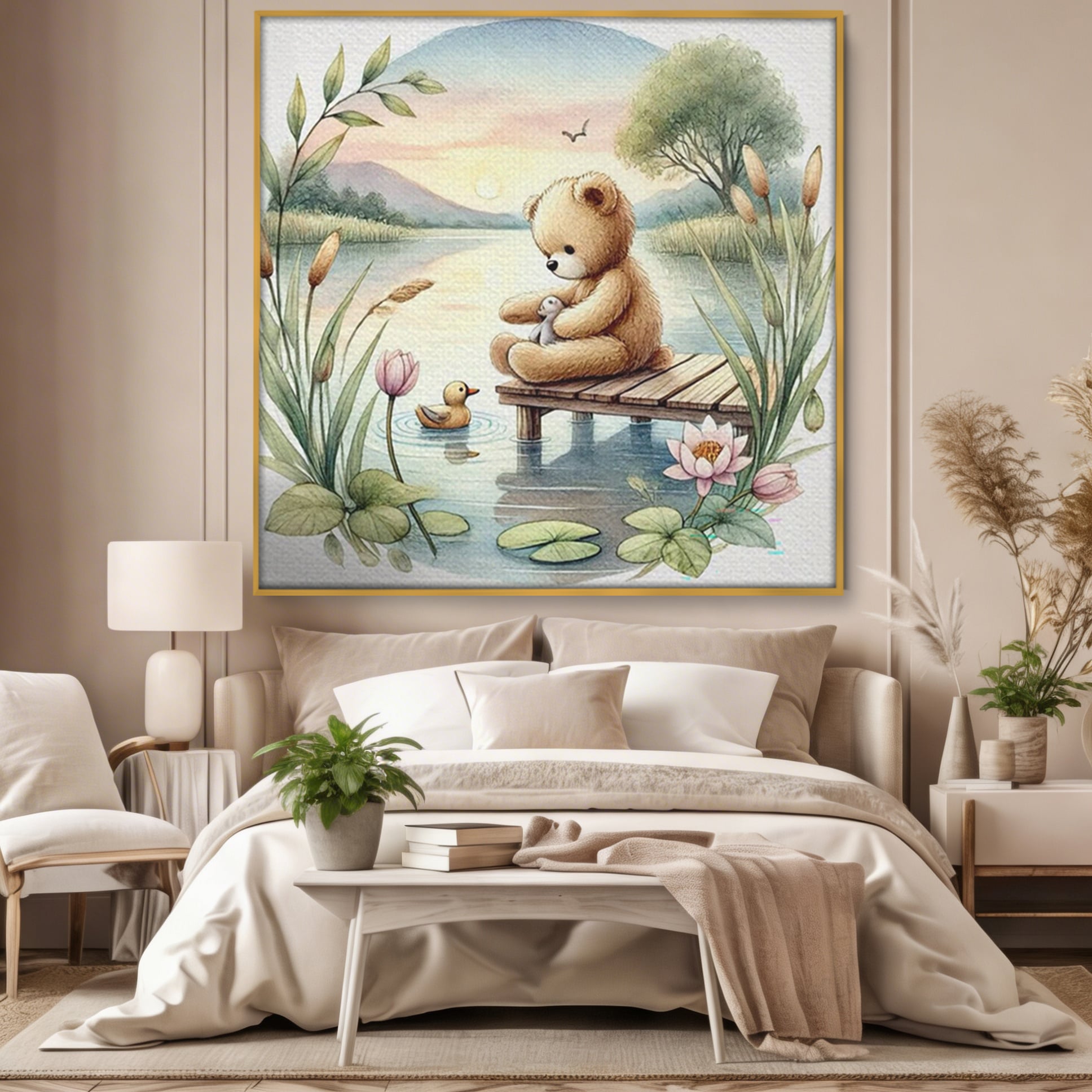 Tablou Canvas Premium, LuxCanva® K1052, Ursuletul si Ratusca, Mal, Ponton, Nuferi, Apus, Bland, Rasarit, Lac, Fermecat, Visare, Poetic, Prietenie, Legatura, Camera Copil, Dormitor
