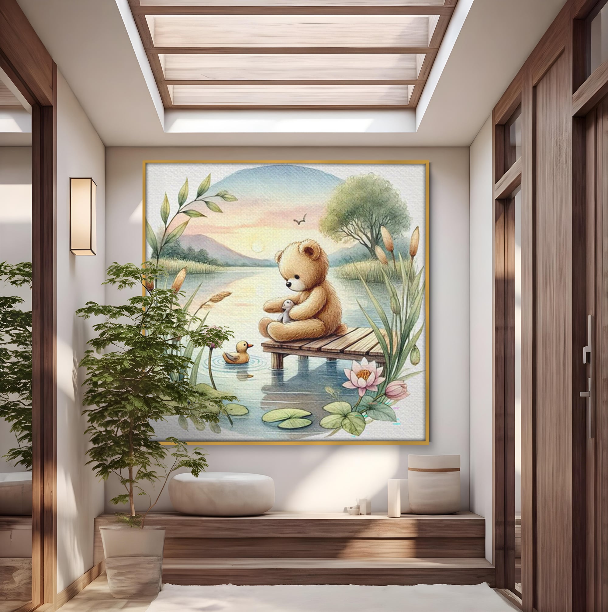 Tablou Canvas Premium, LuxCanva® K1052, Ursuletul si Ratusca, Mal, Ponton, Nuferi, Apus, Bland, Rasarit, Lac, Fermecat, Visare, Poetic, Prietenie, Legatura, Camera Copil, Dormitor