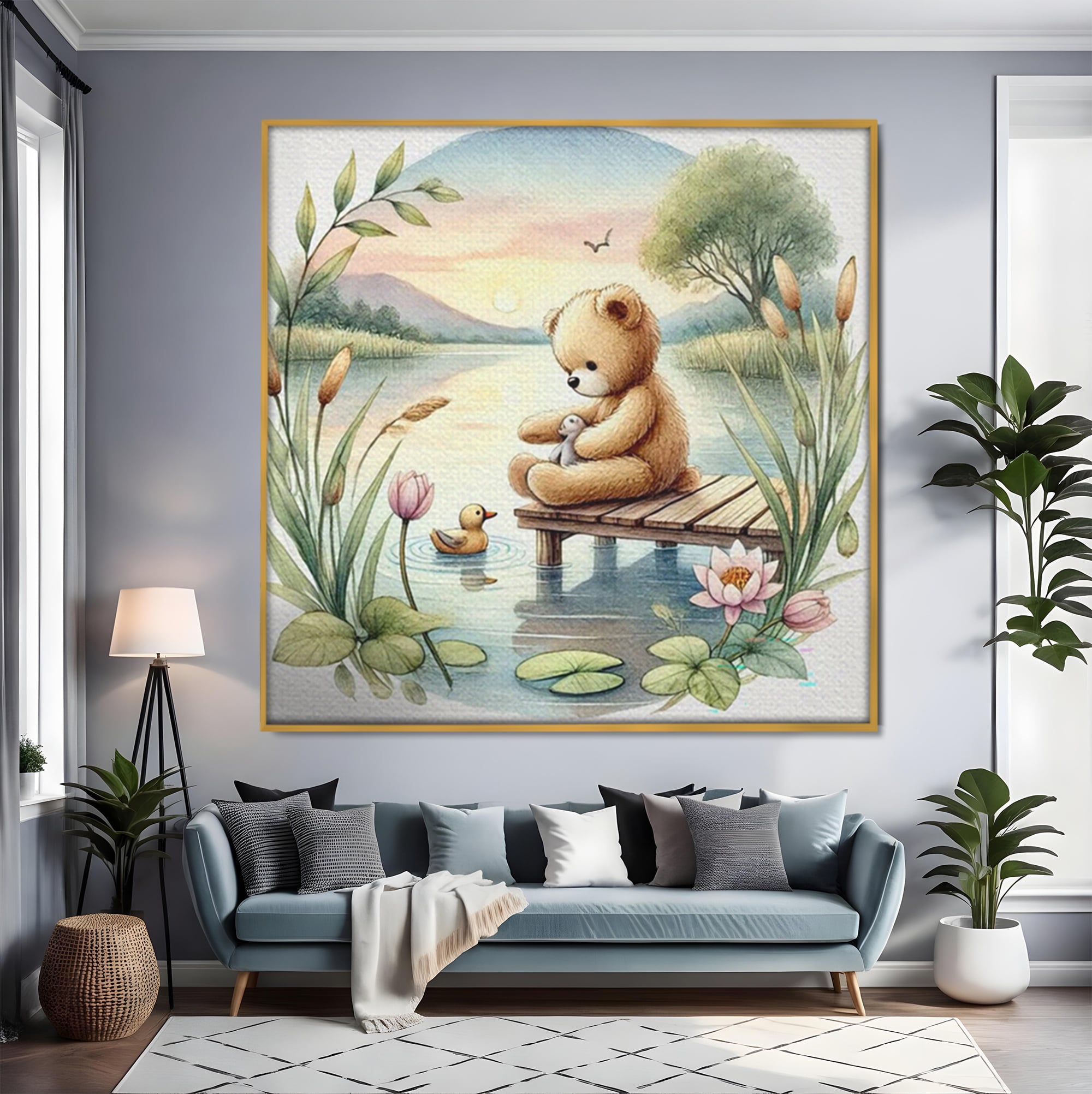 Tablou Canvas Premium, LuxCanva® K1052, Ursuletul si Ratusca, Mal, Ponton, Nuferi, Apus, Bland, Rasarit, Lac, Fermecat, Visare, Poetic, Prietenie, Legatura, Camera Copil, Dormitor