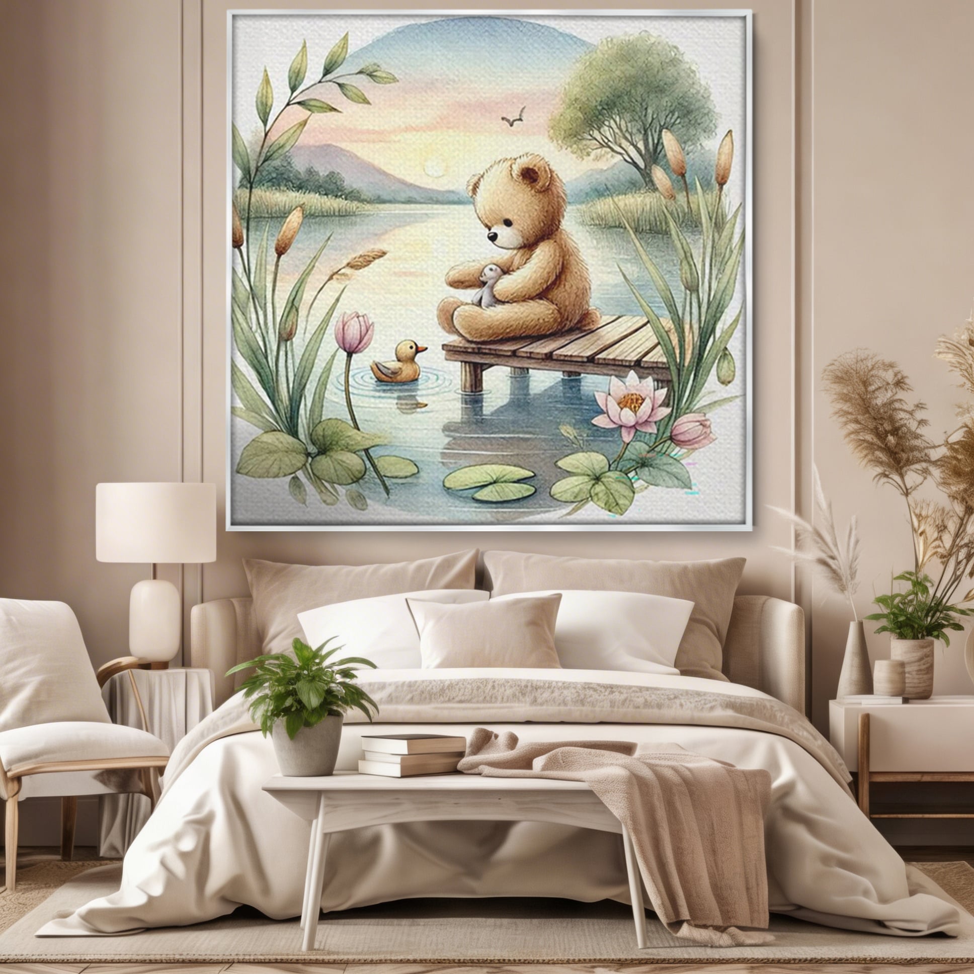 Tablou Canvas Premium, LuxCanva® K1052, Ursuletul si Ratusca, Mal, Ponton, Nuferi, Apus, Bland, Rasarit, Lac, Fermecat, Visare, Poetic, Prietenie, Legatura, Camera Copil, Dormitor