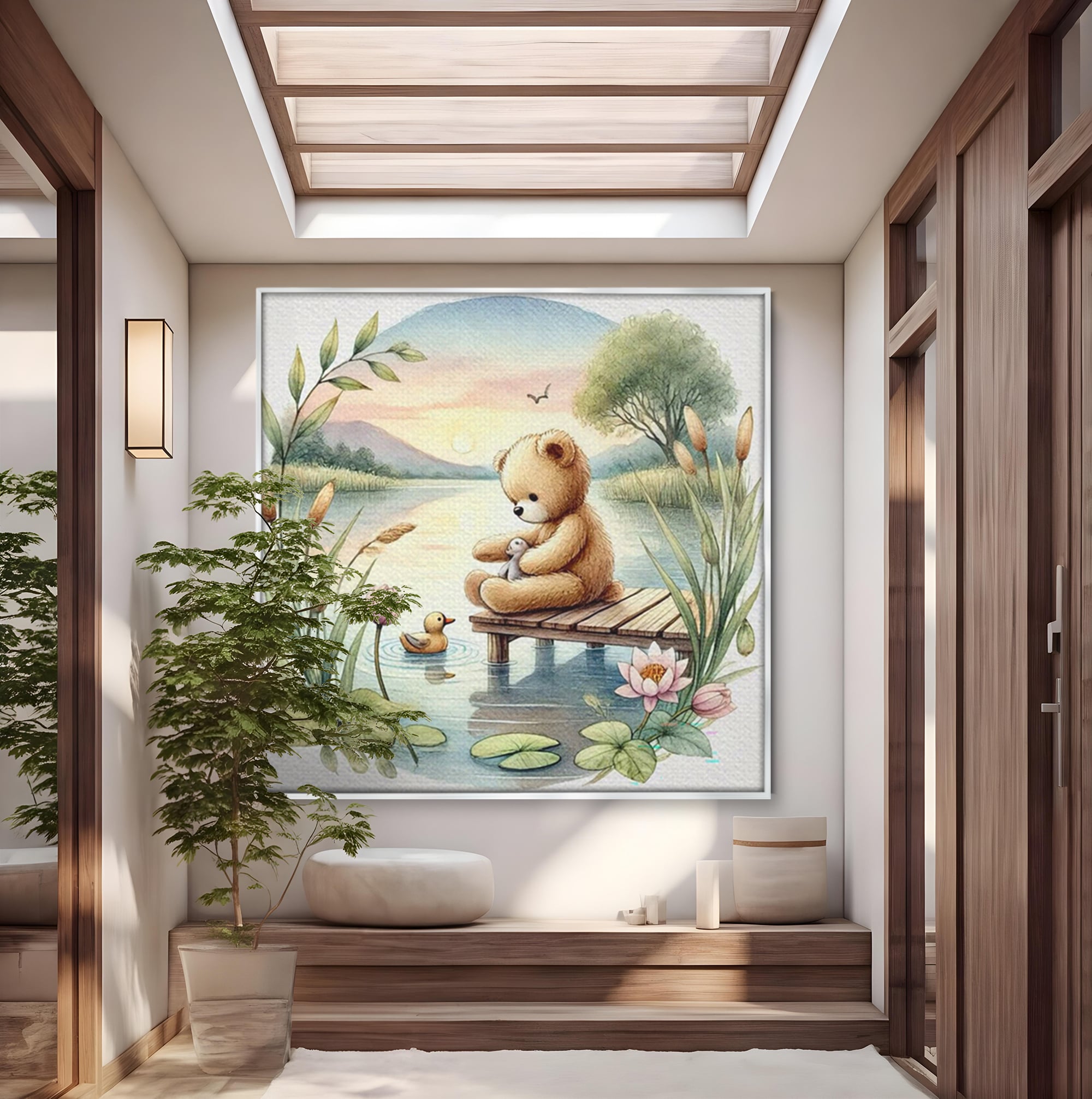 Tablou Canvas Premium, LuxCanva® K1052, Ursuletul si Ratusca, Mal, Ponton, Nuferi, Apus, Bland, Rasarit, Lac, Fermecat, Visare, Poetic, Prietenie, Legatura, Camera Copil, Dormitor