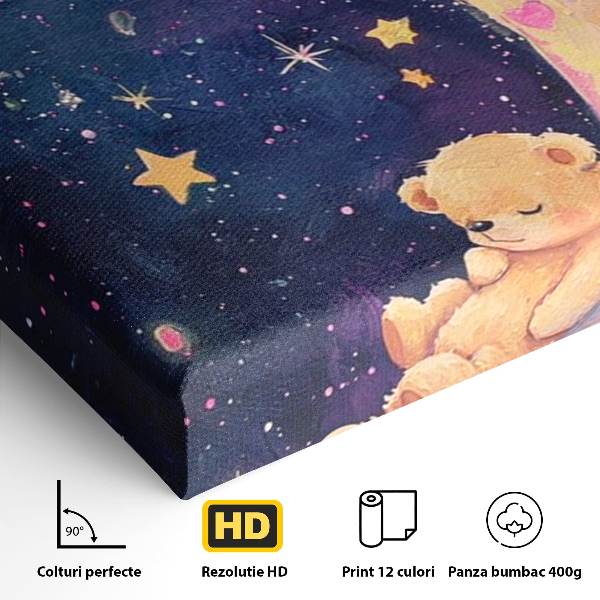 Leinwandbilder Premium, LuxCanva® K1053, Schlafen Sie ruhig unter den Sternen, Teddybären, Halbmond, Mond, Sterne, Nacht, Traum, Wiegenlied, Wiegenlied, Samt, flauschig, rosa, Universum, Kinder, Magie, Pastell, Babyzimmer, Schlafzimmer