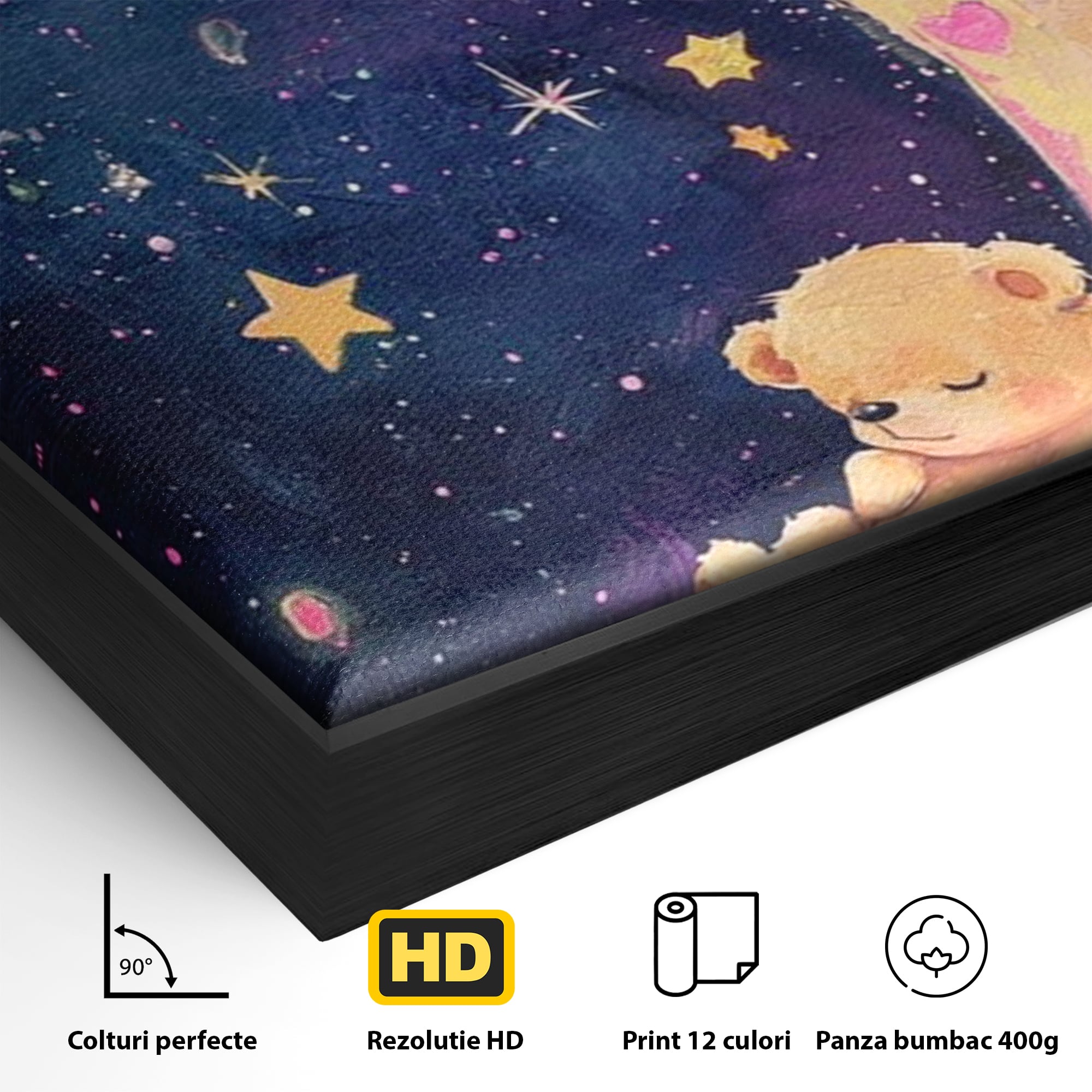 Leinwandbilder Premium, LuxCanva® K1053, Schlafen Sie ruhig unter den Sternen, Teddybären, Halbmond, Mond, Sterne, Nacht, Traum, Wiegenlied, Wiegenlied, Samt, flauschig, rosa, Universum, Kinder, Magie, Pastell, Babyzimmer, Schlafzimmer