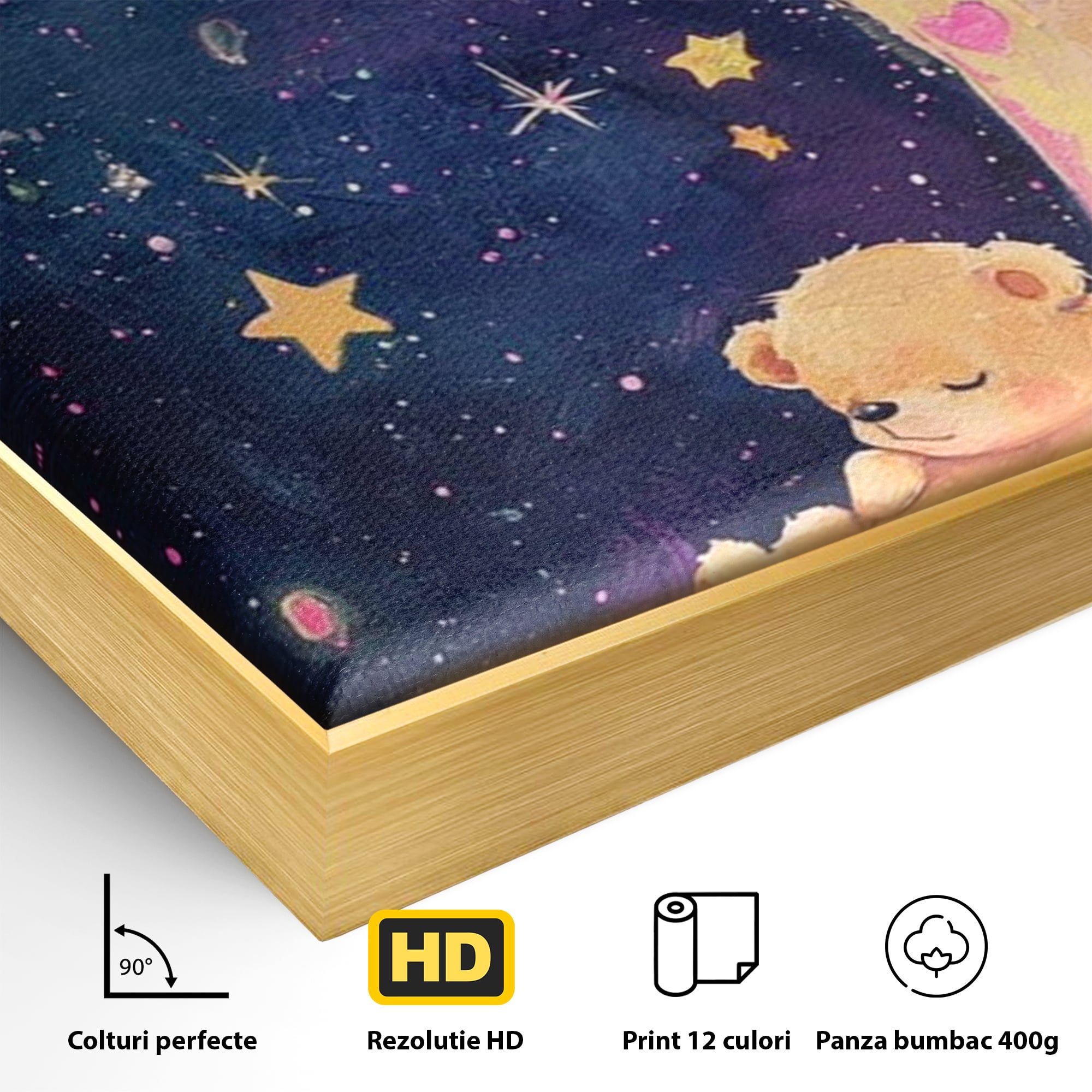 Leinwandbilder Premium, LuxCanva® K1053, Schlafen Sie ruhig unter den Sternen, Teddybären, Halbmond, Mond, Sterne, Nacht, Traum, Wiegenlied, Wiegenlied, Samt, flauschig, rosa, Universum, Kinder, Magie, Pastell, Babyzimmer, Schlafzimmer
