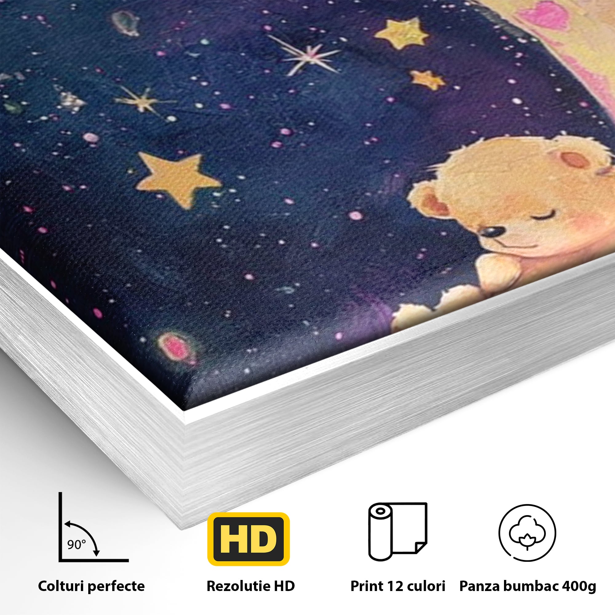 Leinwandbilder Premium, LuxCanva® K1053, Schlafen Sie ruhig unter den Sternen, Teddybären, Halbmond, Mond, Sterne, Nacht, Traum, Wiegenlied, Wiegenlied, Samt, flauschig, rosa, Universum, Kinder, Magie, Pastell, Babyzimmer, Schlafzimmer