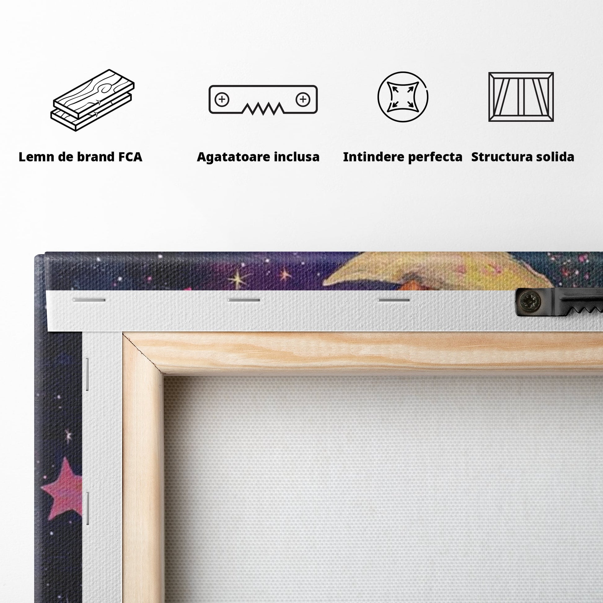 Leinwandbilder Premium, LuxCanva® K1053, Schlafen Sie ruhig unter den Sternen, Teddybären, Halbmond, Mond, Sterne, Nacht, Traum, Wiegenlied, Wiegenlied, Samt, flauschig, rosa, Universum, Kinder, Magie, Pastell, Babyzimmer, Schlafzimmer