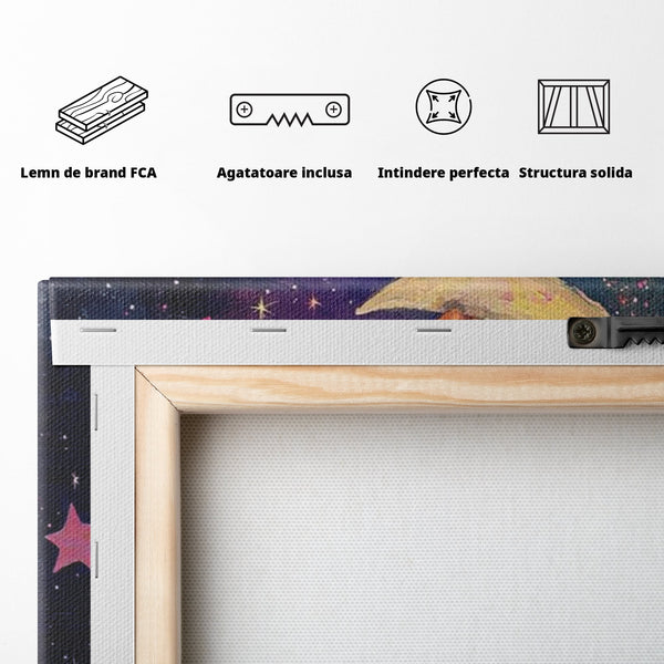 Leinwandbilder Premium, LuxCanva® K1053, Schlafen Sie ruhig unter den Sternen, Teddybären, Halbmond, Mond, Sterne, Nacht, Traum, Wiegenlied, Wiegenlied, Samt, flauschig, rosa, Universum, Kinder, Magie, Pastell, Babyzimmer, Schlafzimmer