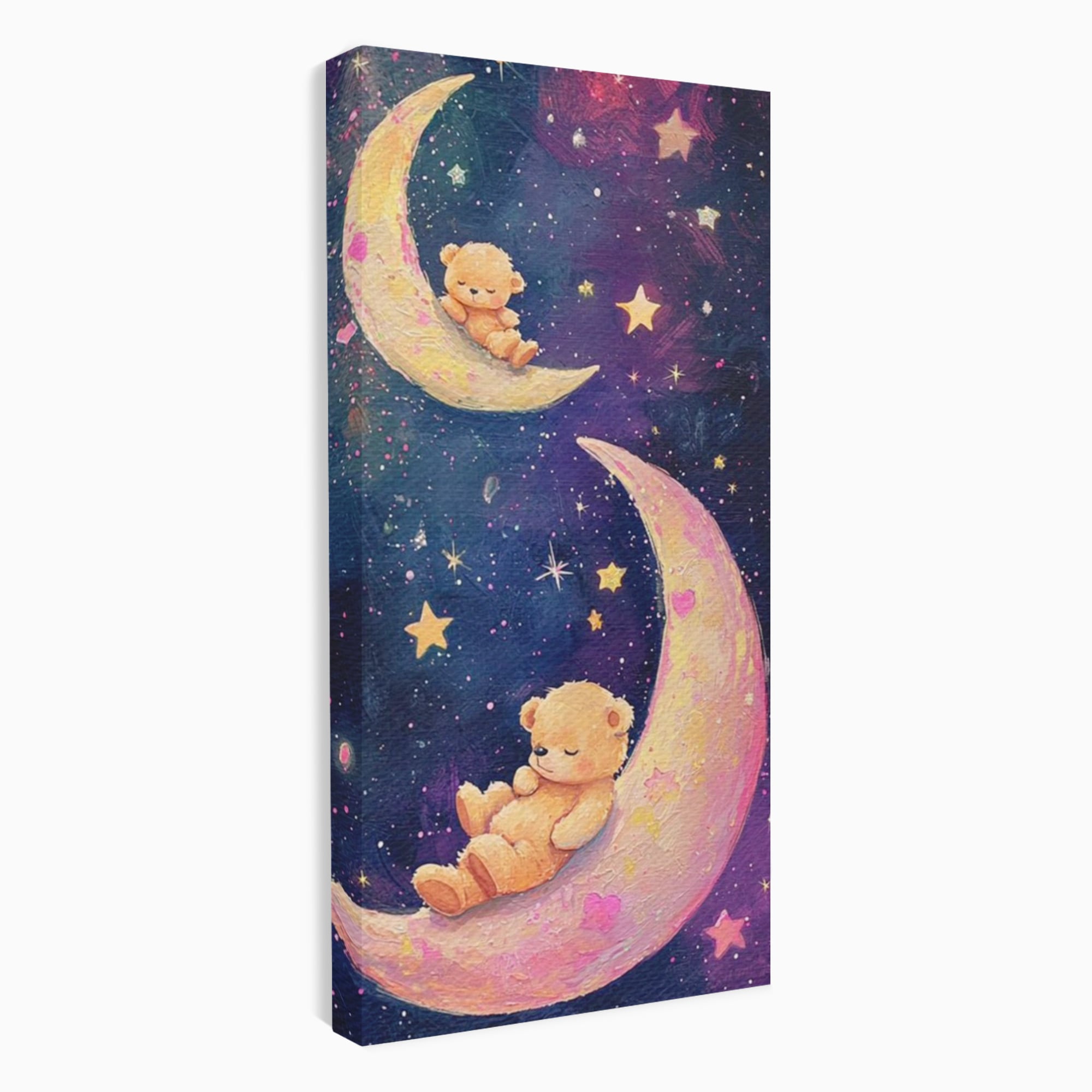Leinwandbilder Premium, LuxCanva® K1053, Schlafen Sie ruhig unter den Sternen, Teddybären, Halbmond, Mond, Sterne, Nacht, Traum, Wiegenlied, Wiegenlied, Samt, flauschig, rosa, Universum, Kinder, Magie, Pastell, Babyzimmer, Schlafzimmer