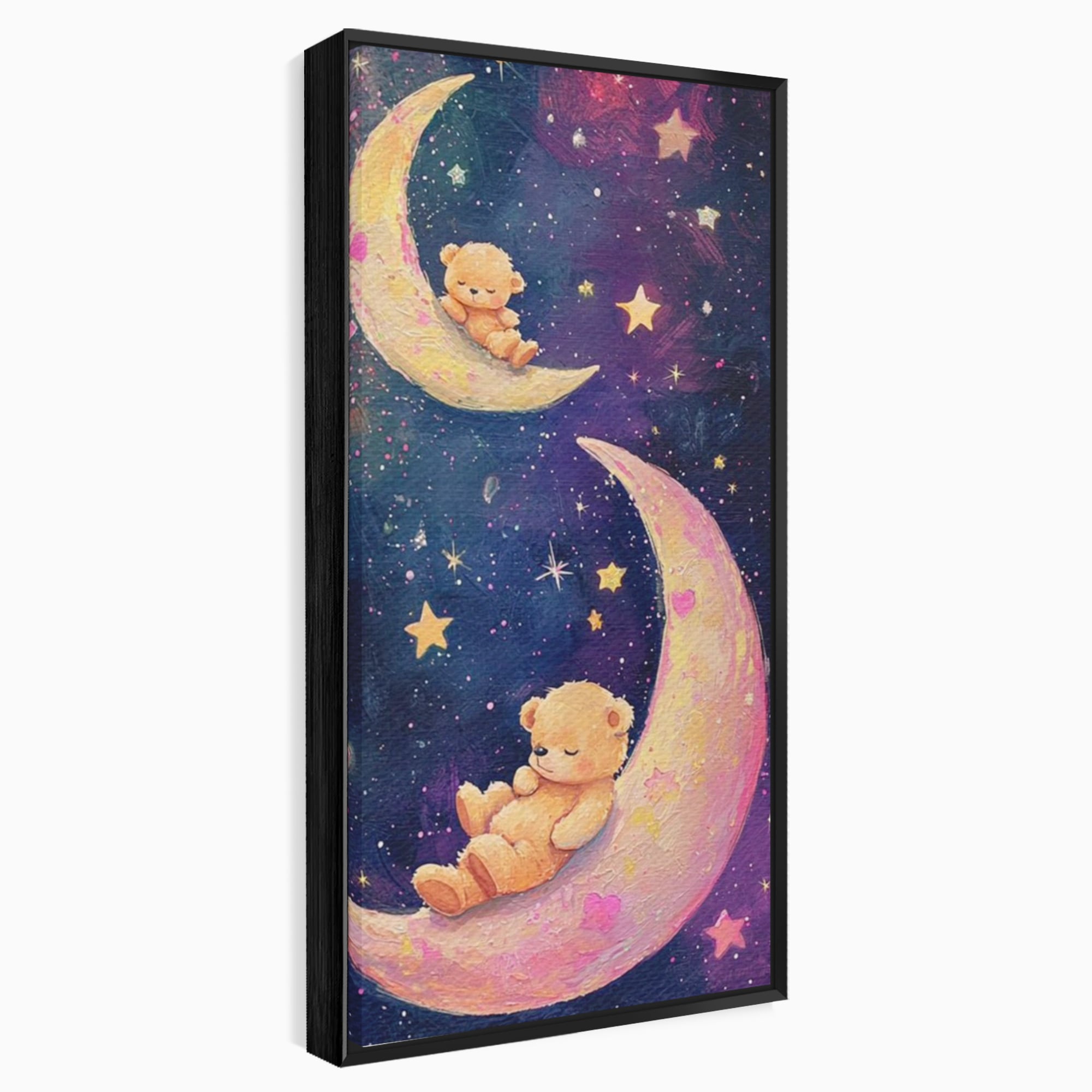 Leinwandbilder Premium, LuxCanva® K1053, Schlafen Sie ruhig unter den Sternen, Teddybären, Halbmond, Mond, Sterne, Nacht, Traum, Wiegenlied, Wiegenlied, Samt, flauschig, rosa, Universum, Kinder, Magie, Pastell, Babyzimmer, Schlafzimmer